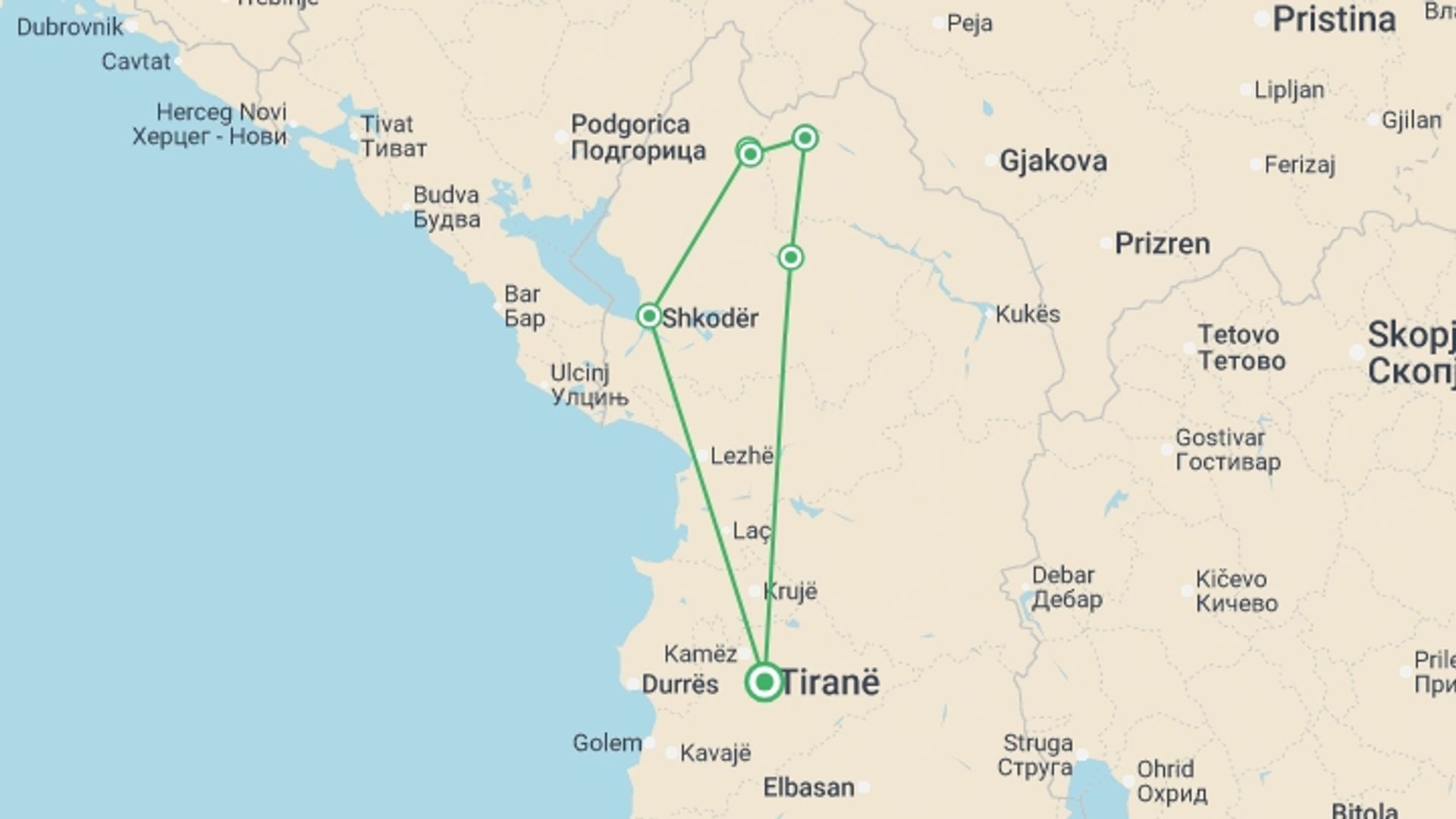 A map showing the tour itinerary for the trip: Hiking the Albanian Alps, starting in Tirana, Albania and ending in Tirana, Albania going through 2 other destinations.