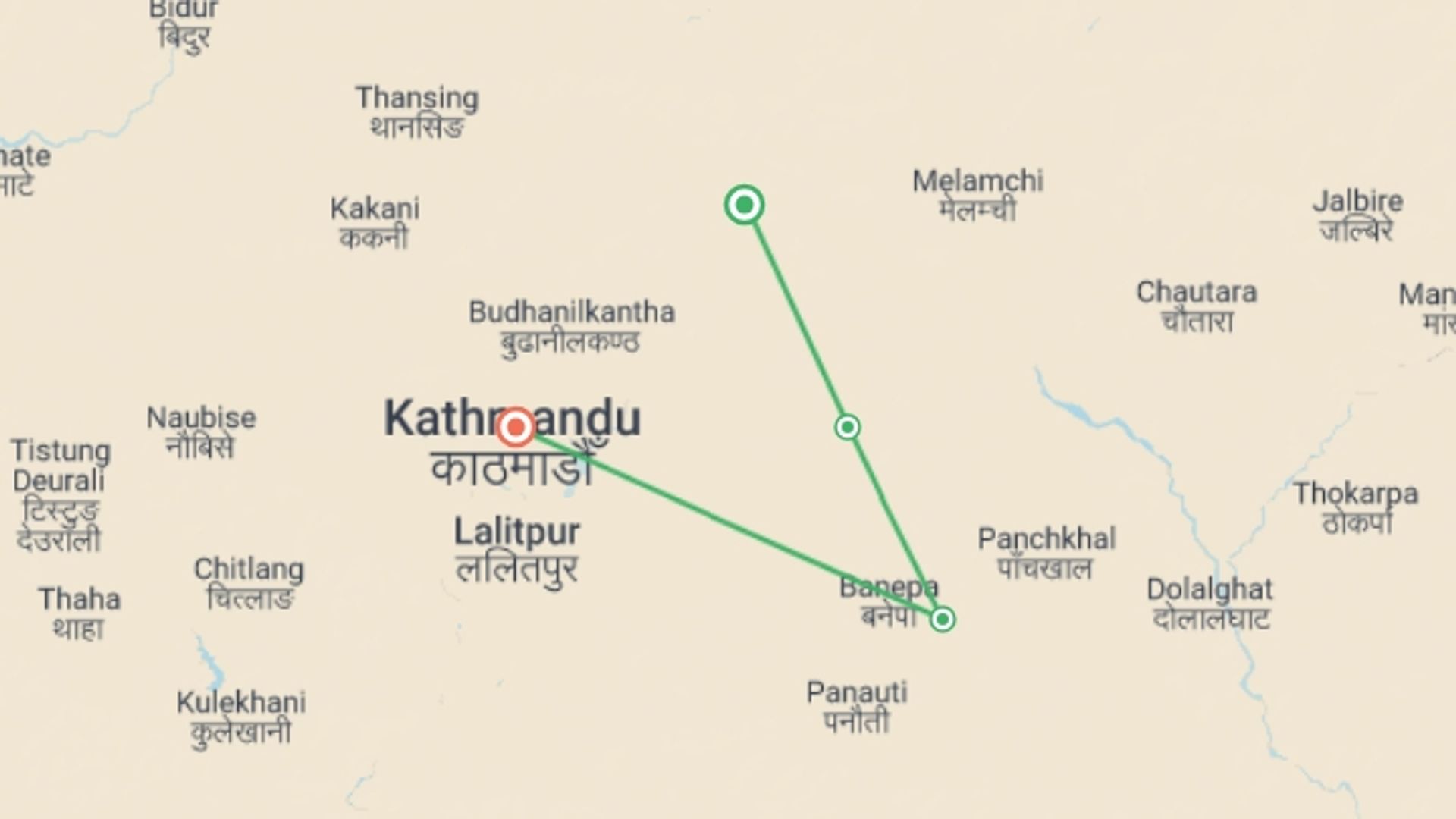 A map showing the tour itinerary for the trip: Hiking the Kathmandu Valley, starting in Kathmandu, Nepal and ending in Kathmandu, Nepal going through 1 other destinations.