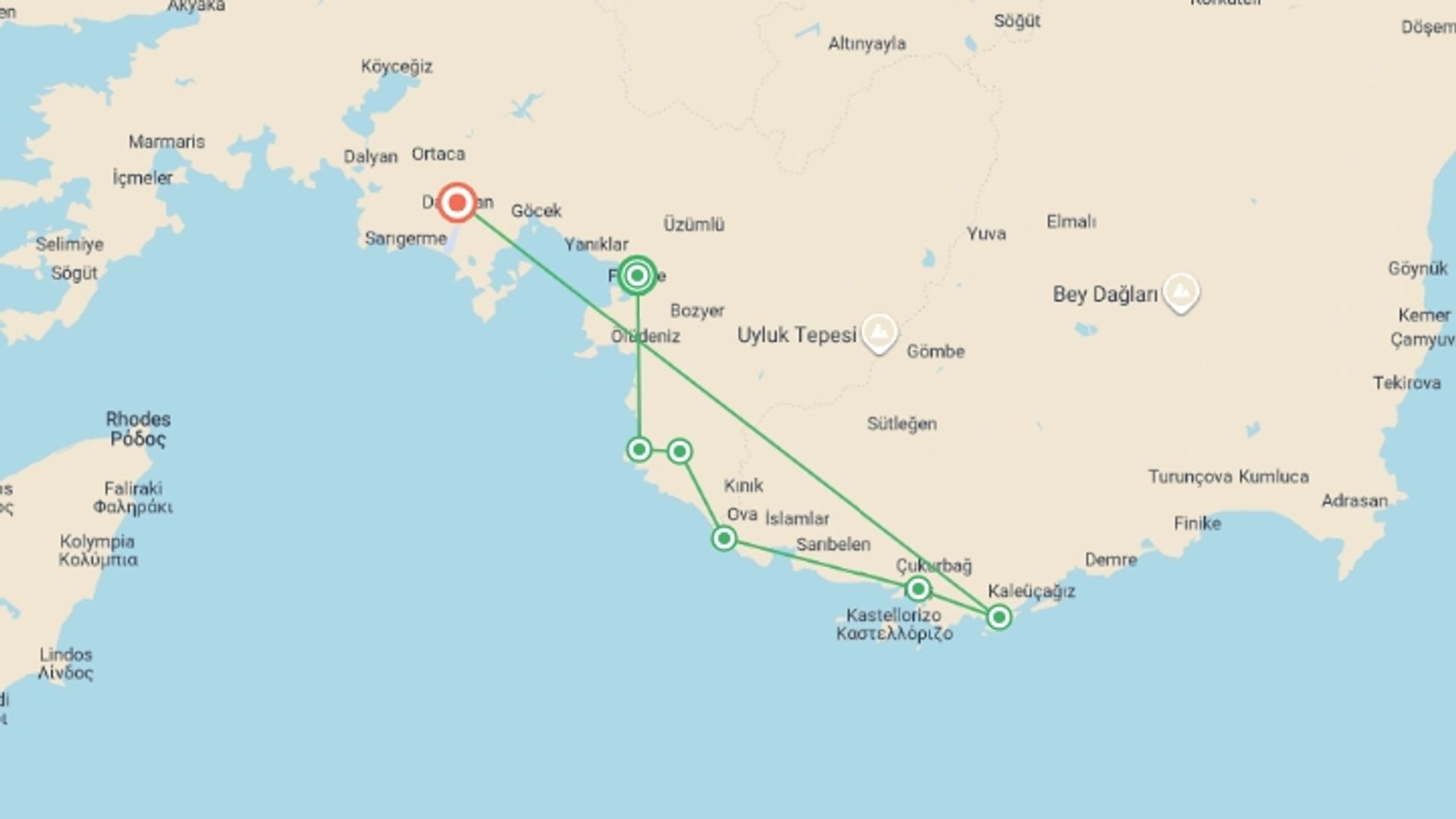 A map showing the tour itinerary for the trip: Hiking Turkey's Lycian Way, starting in Fethiye, Turkey and ending in Turkey going through 3 other destinations.