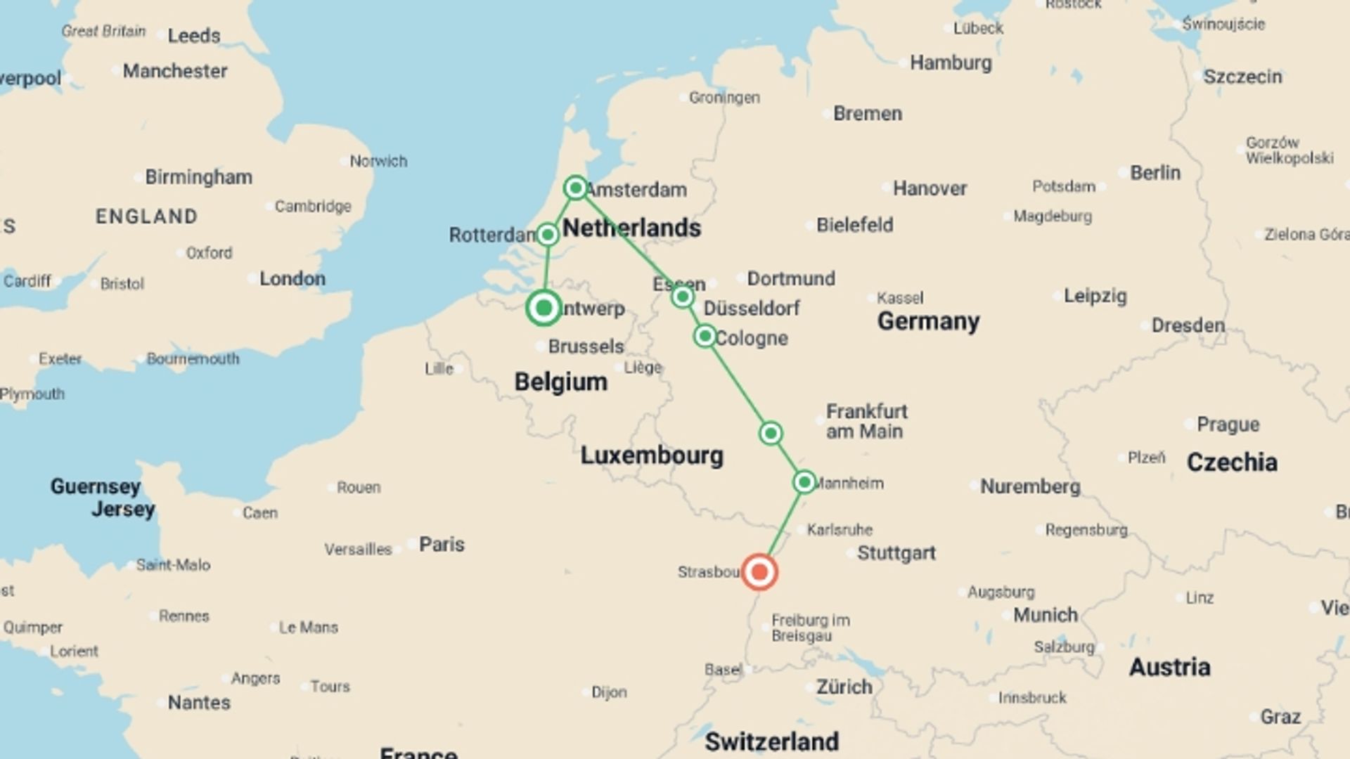 A map showing the tour itinerary for the trip: Holland and the romantic Rhine valley (port-to-port cruise), starting in Antwerp, Belgium and ending in Strasbourg, France going through 6 other destinations.
