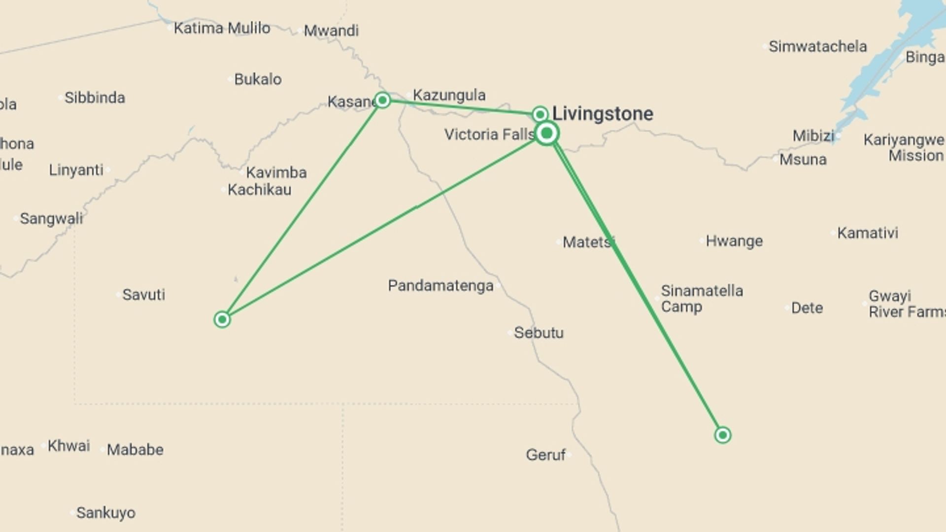 A map showing the tour itinerary for the trip: Hwange, Chobe & Falls - 10 days, starting in Victoria Falls, Zimbabwe and ending in Victoria Falls, Zimbabwe going through 5 other destinations.