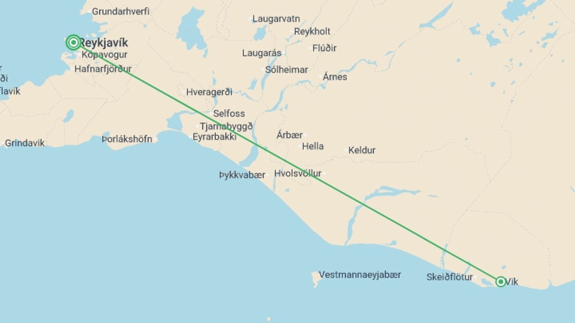 A map showing the tour itinerary for the trip: Iceland Beneath the Northern Lights , starting in Reykjavik, Iceland and ending in Reykjavik, Iceland going through 2 other destinations.
