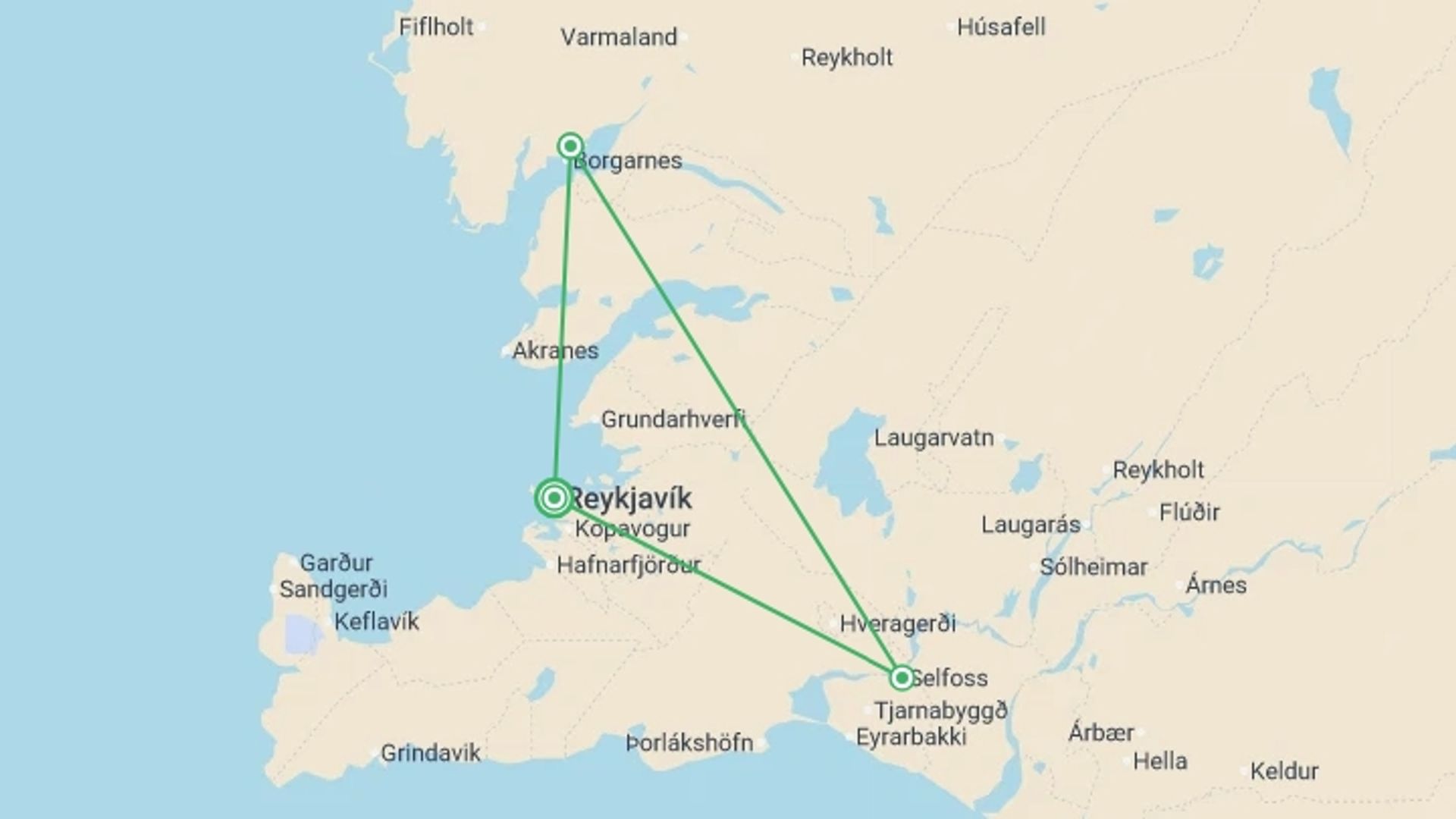 A map showing the tour itinerary for the trip: Iceland Highlights, starting in Reykjavik, Iceland and ending in Reykjavik, Iceland going through 2 other destinations.