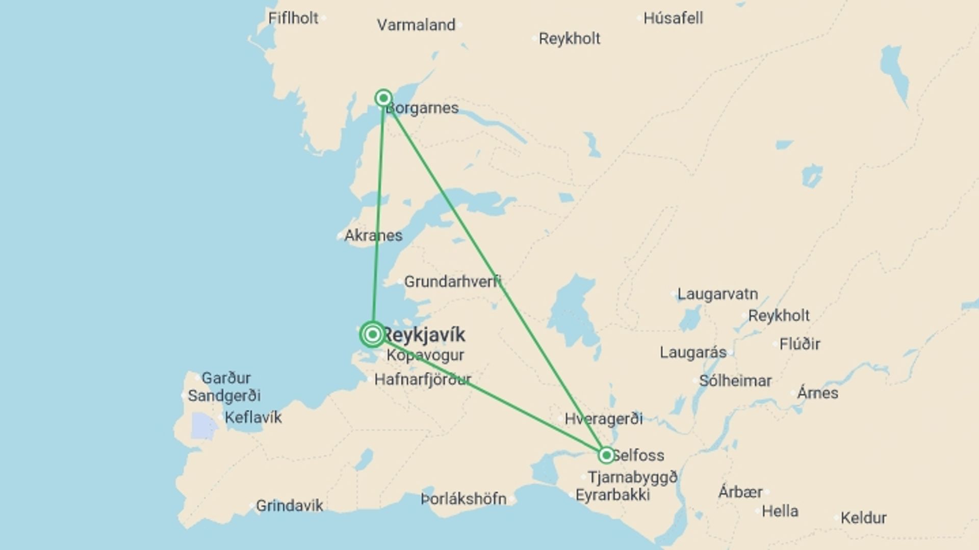 A map showing the tour itinerary for the trip: Iceland Highlights, starting in Reykjavik, Iceland and ending in Reykjavik, Iceland going through 2 other destinations.