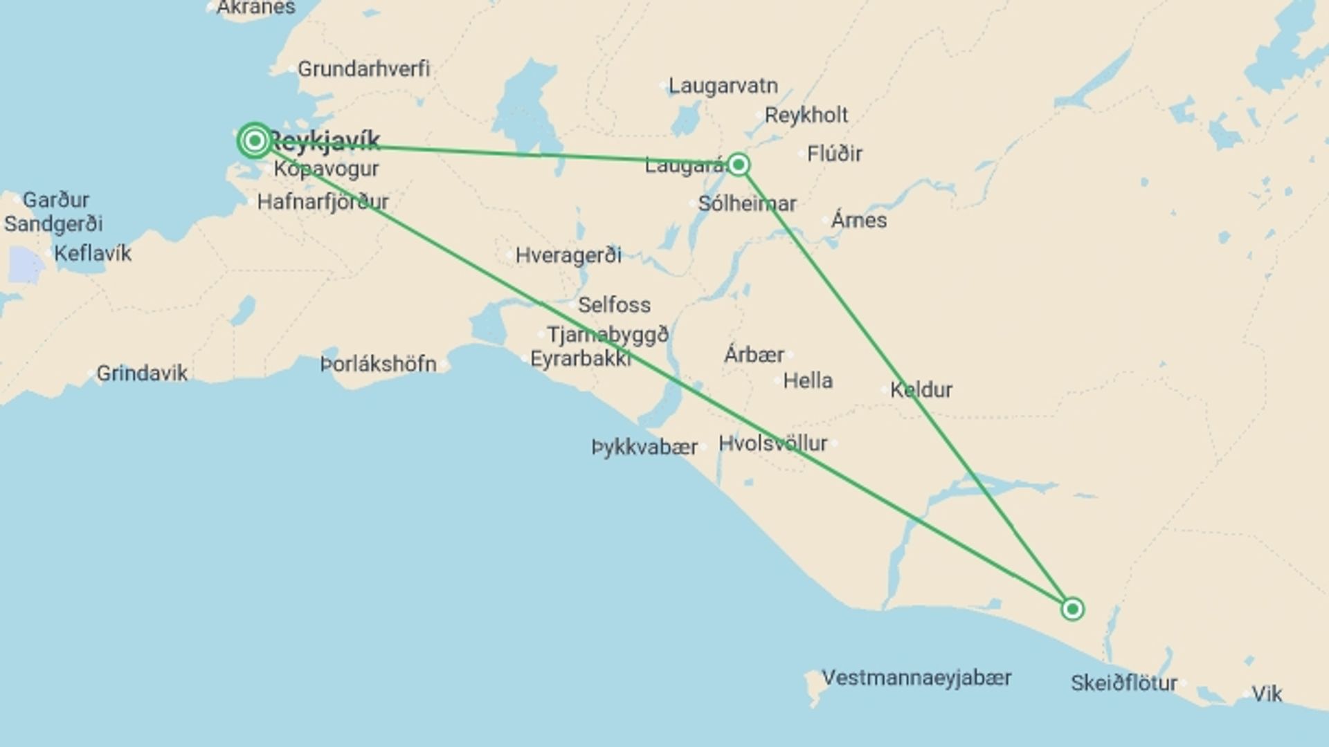 A map showing the tour itinerary for the trip: Iceland Northern Lights Adventure, starting in Reykjavik, Iceland and ending in Reykjavik, Iceland going through 4 other destinations.