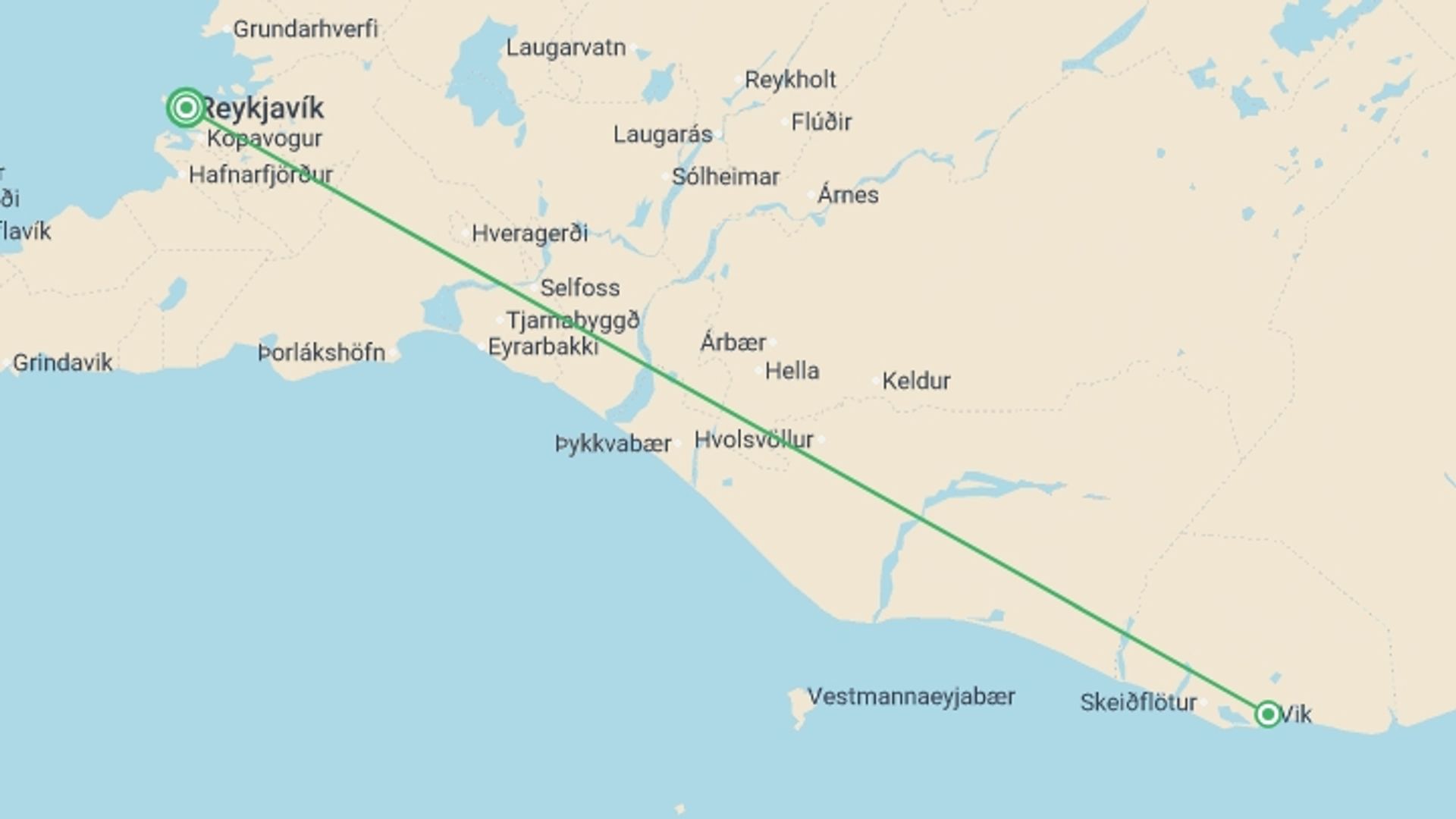 A map showing the tour itinerary for the trip: Iceland Northern Lights Hunt Adventure 5D/4N, starting in Reykjavik, Iceland and ending in Reykjavik, Iceland going through 2 other destinations.