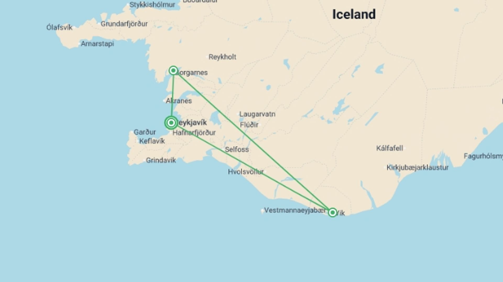 A map showing the tour itinerary for the trip: Iceland’s Midnight Sun: Glaciers, Geysers, and the Golden Circle , starting in Reykjavik, Iceland and ending in Reykjavik, Iceland going through 2 other destinations.