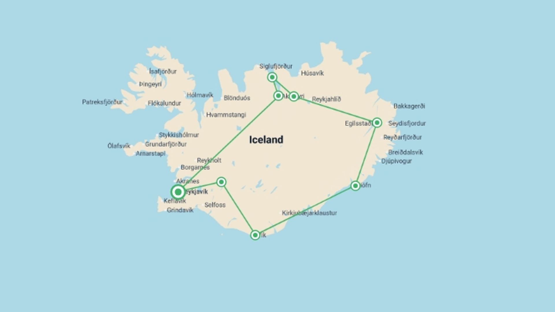 A map showing the tour itinerary for the trip: Iceland Winter Adventure, starting in Reykjavik, Iceland and ending in Reykjavik, Iceland going through 5 other destinations.