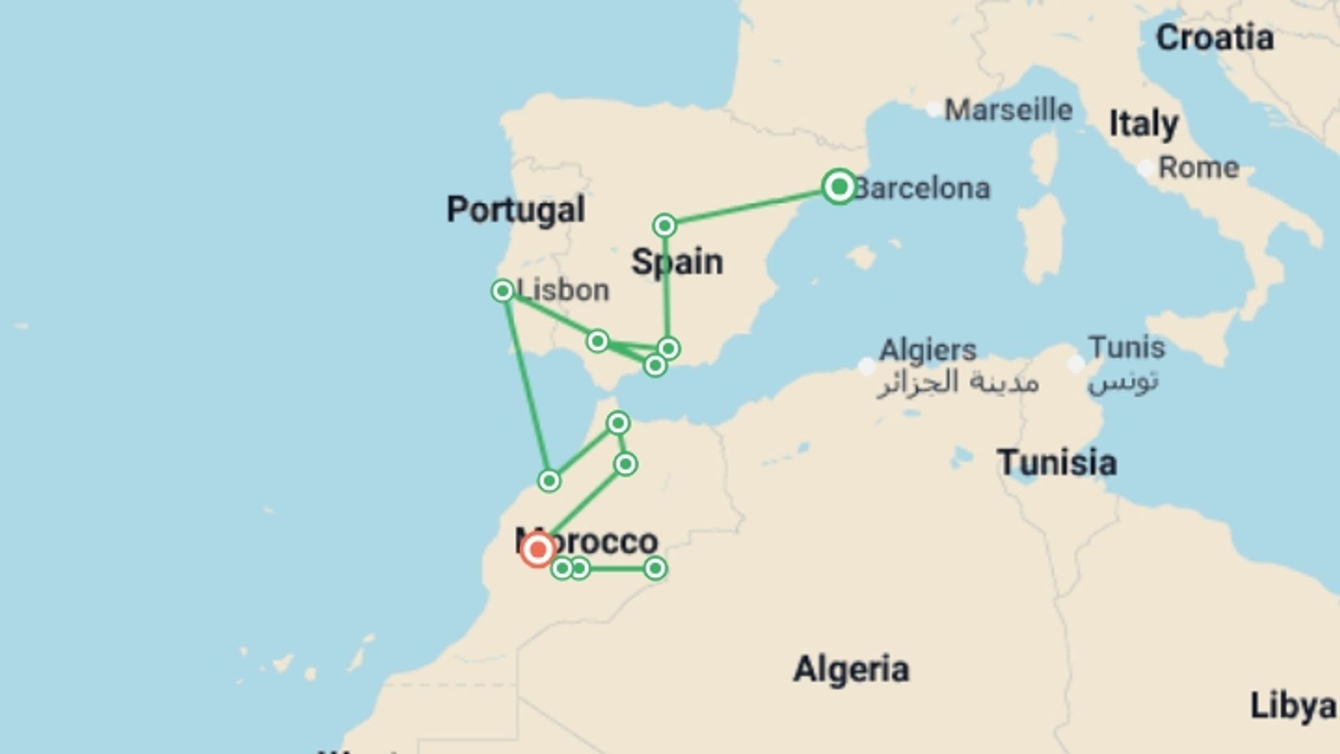 A map showing the tour itinerary for the trip: Iconic Spain, Portugal and Morocco: Tasty Tapas & Ancient Medinas, starting in Barcelona, Spain and ending in Marrakech, Morocco going through 8 other destinations.