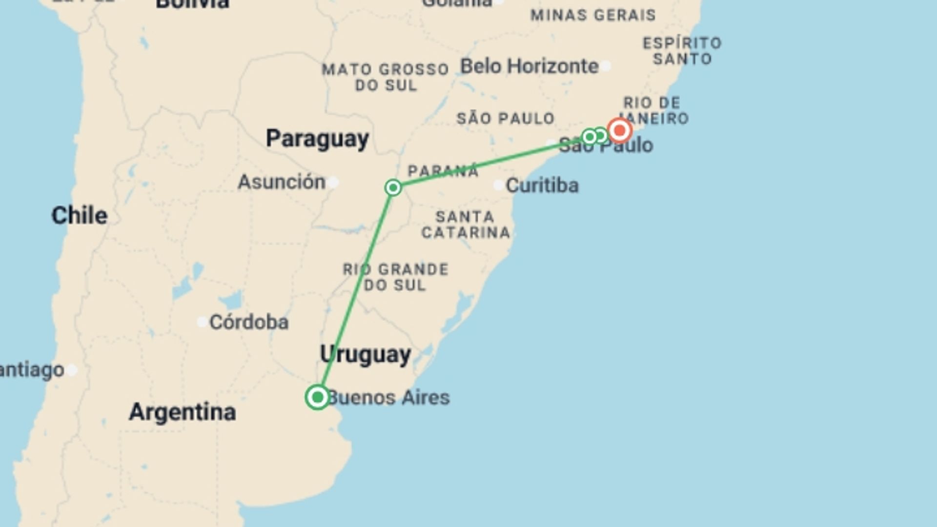 A map showing the tour itinerary for the trip: Iguassu & Beyond, starting in Buenos Aires, Argentina and ending in Rio de Janeiro, Brazil going through 4 other destinations.