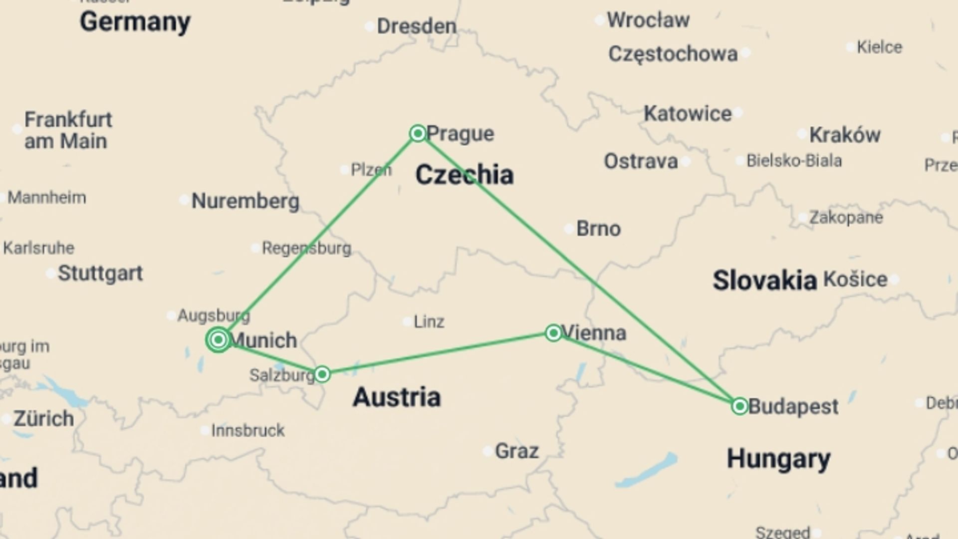 A map showing the tour itinerary for the trip: Imperial Europe, starting in Munich, Germany and ending in Munich, Germany going through 5 other destinations.