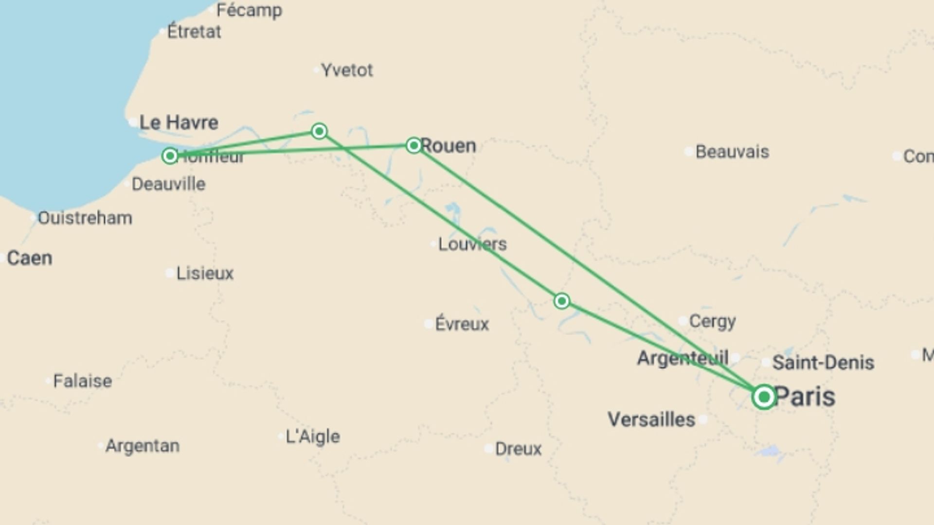 A map showing the tour itinerary for the trip: Impressionist Reflections Along the Seine (port-to-port cruise), starting in Paris, France and ending in Paris, France going through 3 other destinations.