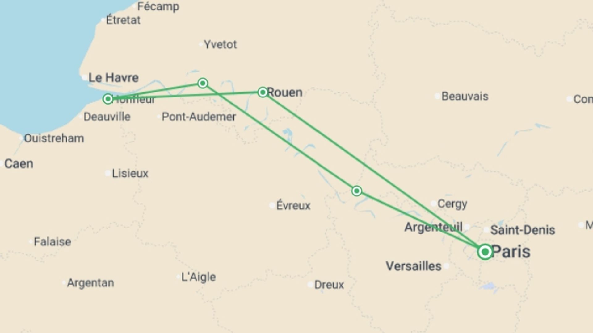 A map showing the tour itinerary for the trip: Impressionist Reflections Along the Seine (port-to-port cruise), starting in Paris, France and ending in Paris, France going through 2 other destinations.