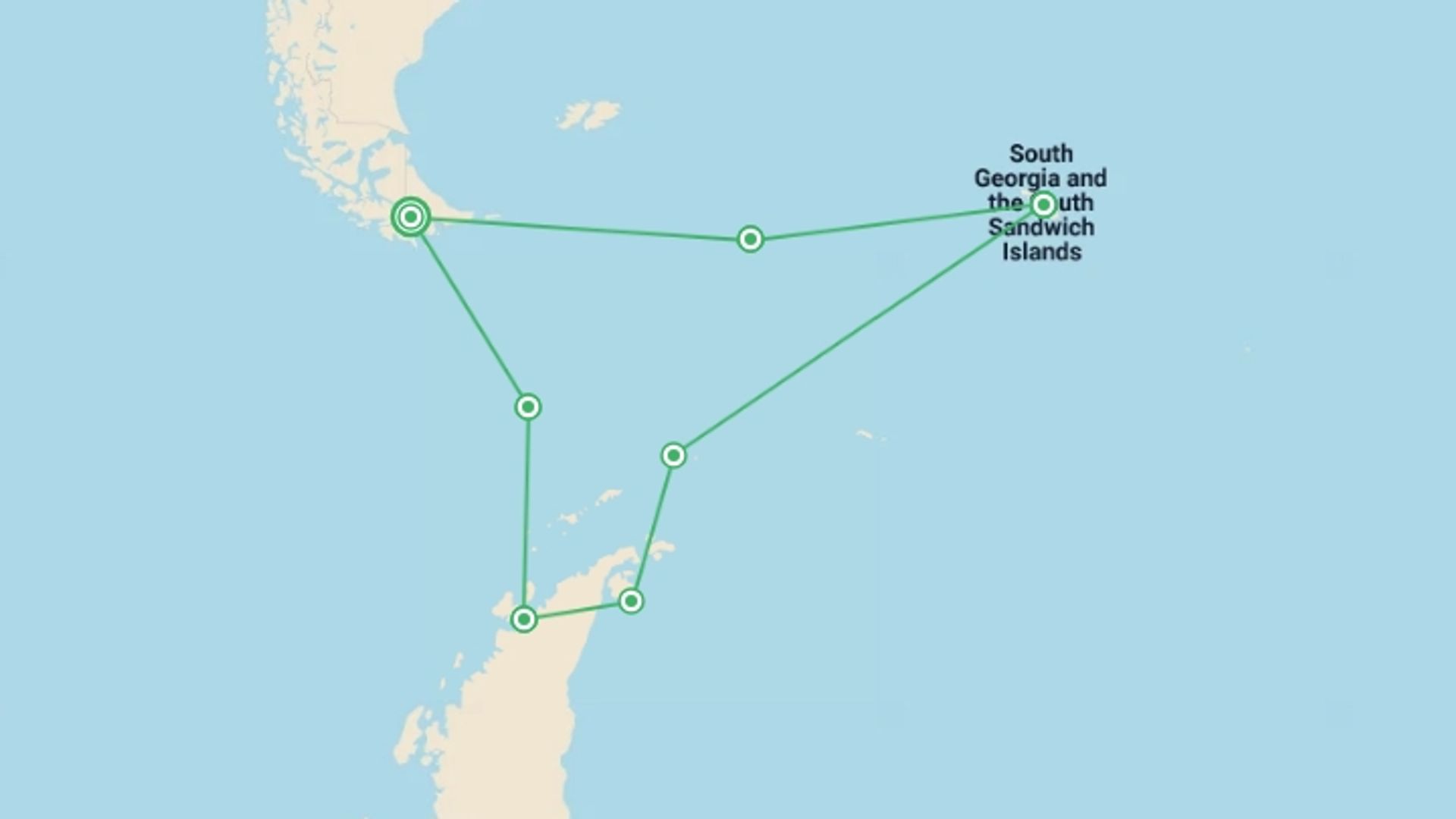 A map showing the tour itinerary for the trip: In Shackleton's Footsteps - M/V Sylvia Earle, starting in Ushuaia, Argentina and ending in Ushuaia, Argentina going through 2 other destinations.