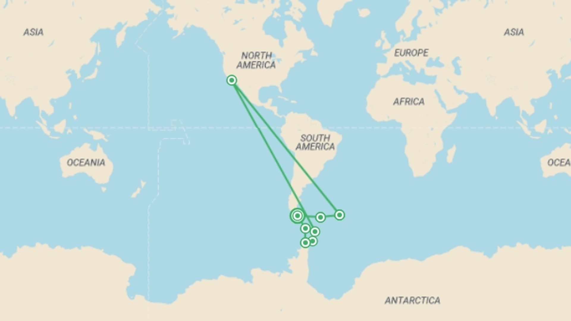 A map showing the tour itinerary for the trip: In Shackleton's Footsteps - M/V Sylvia Earle, starting in Ushuaia, Argentina and ending in Ushuaia, Argentina going through 2 other destinations.