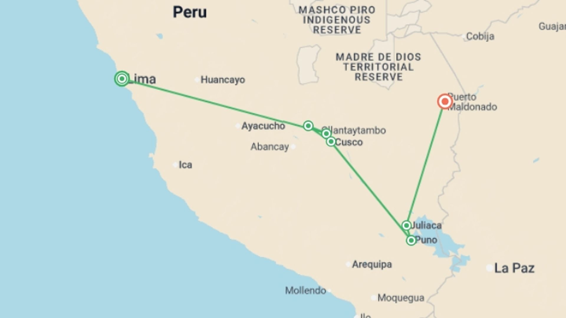 A map showing the tour itinerary for the trip: In the Footsteps of the Incas, starting in Lima, Peru and ending in Lima, Peru going through 6 other destinations.