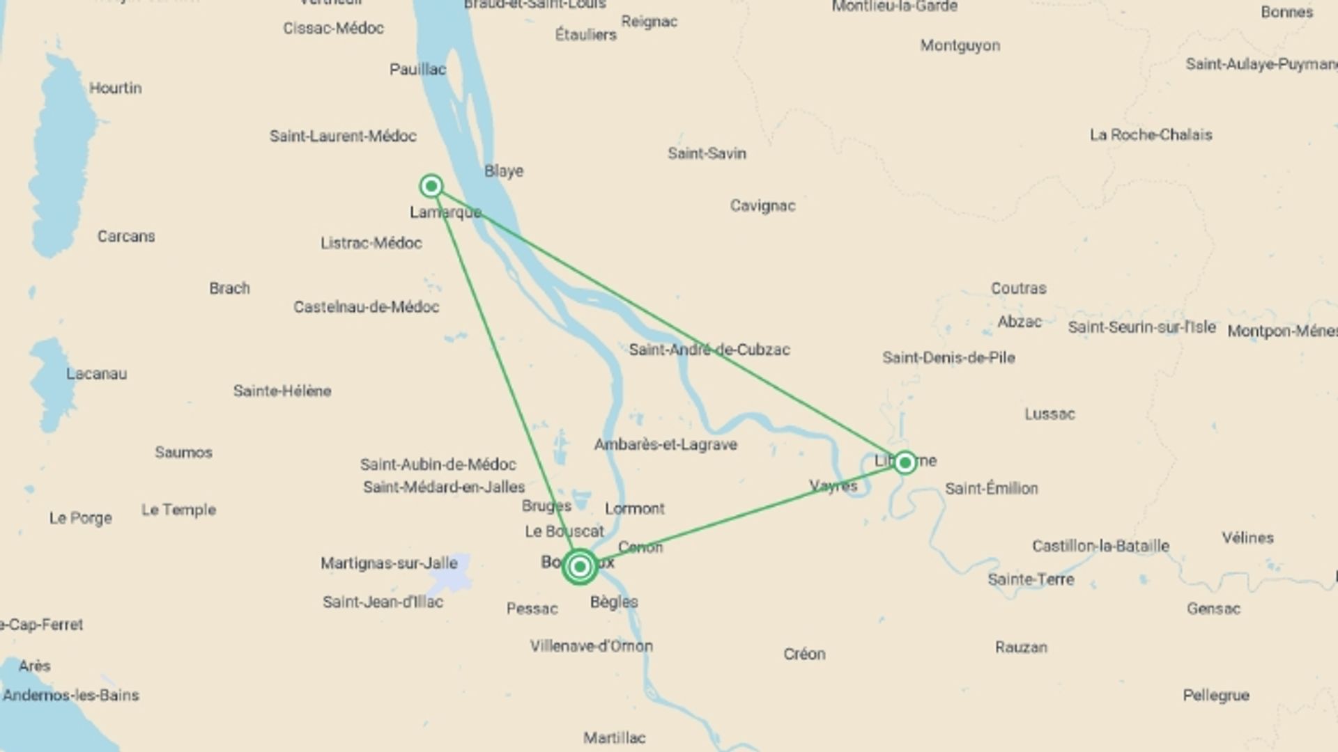 A map showing the tour itinerary for the trip: In the heart of the South-West terroirs: from Bordeaux to the vineyards of the Médoc (port-to-port cruise), starting in Bordeaux, France and ending in Bordeaux, France going through 1 other destinations.