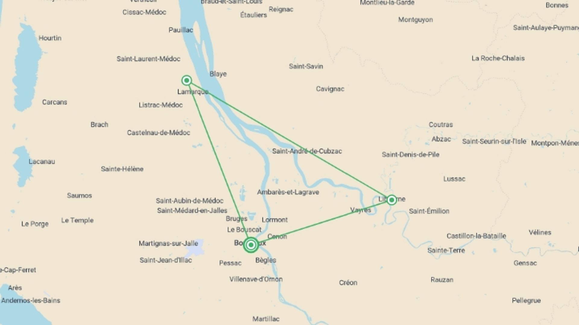 A map showing the tour itinerary for the trip: In the heart of the South-West terroirs: from Bordeaux to the vineyards of the Médoc (port-to-port cruise), starting in Bordeaux, France and ending in Bordeaux, France going through 1 other destinations.