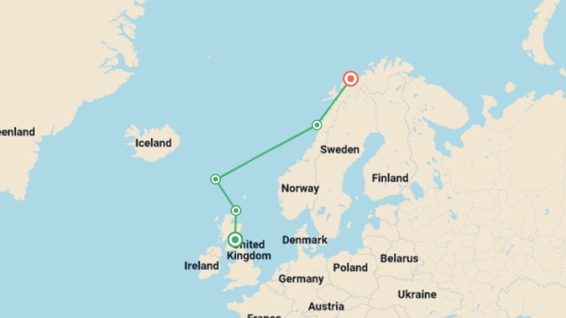 A map showing the tour itinerary for the trip: In the Wake of the Vikings: Orkney, Shetland & the Faroe Islands, starting in Edinburgh, Scotland and ending in Norway going through 4 other destinations.