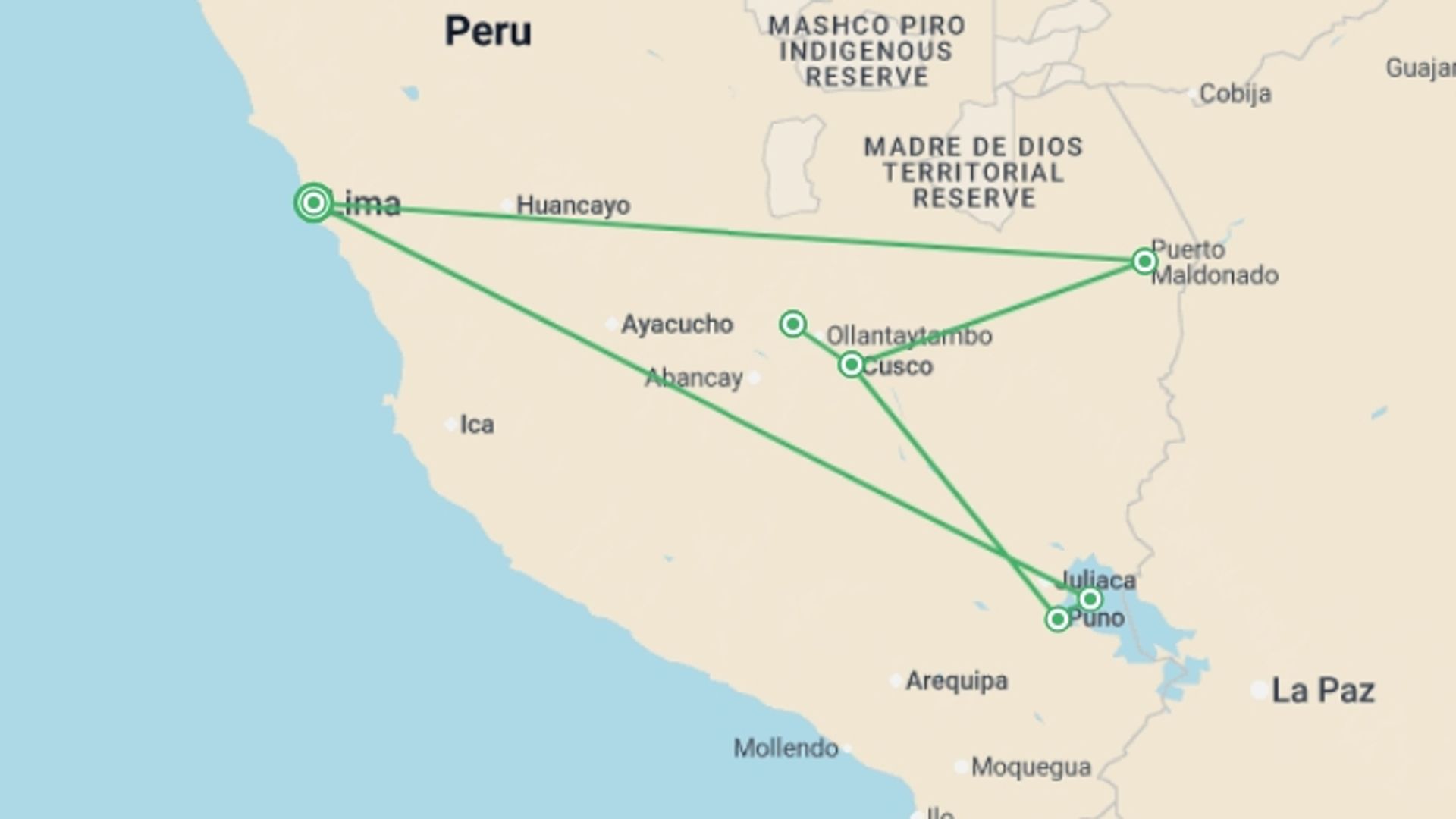 A map showing the tour itinerary for the trip: Inca Trail & the Amazon Rainforest, starting in Lima, Peru and ending in Lima, Peru going through 5 other destinations.
