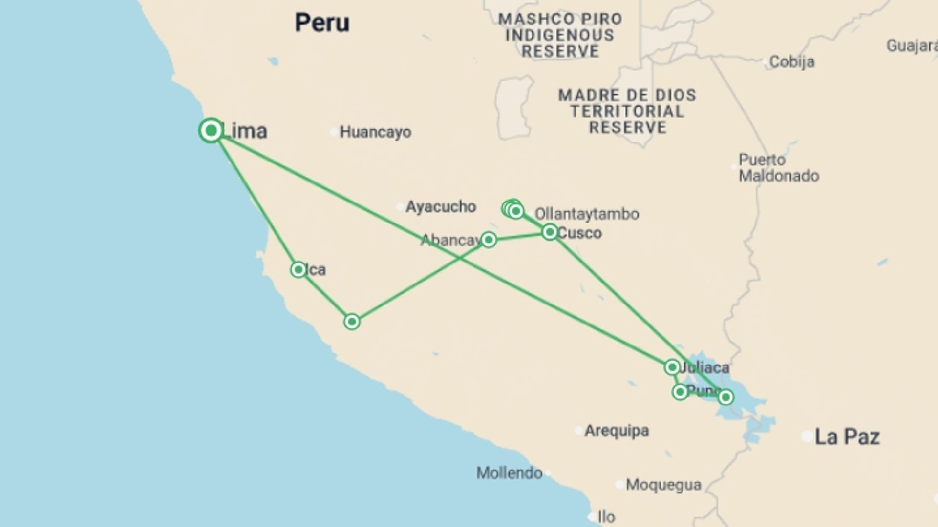A map showing the tour itinerary for the trip: Inca Trail, Titicaca & Nazca, starting in Lima, Peru and ending in Lima, Peru going through 8 other destinations.