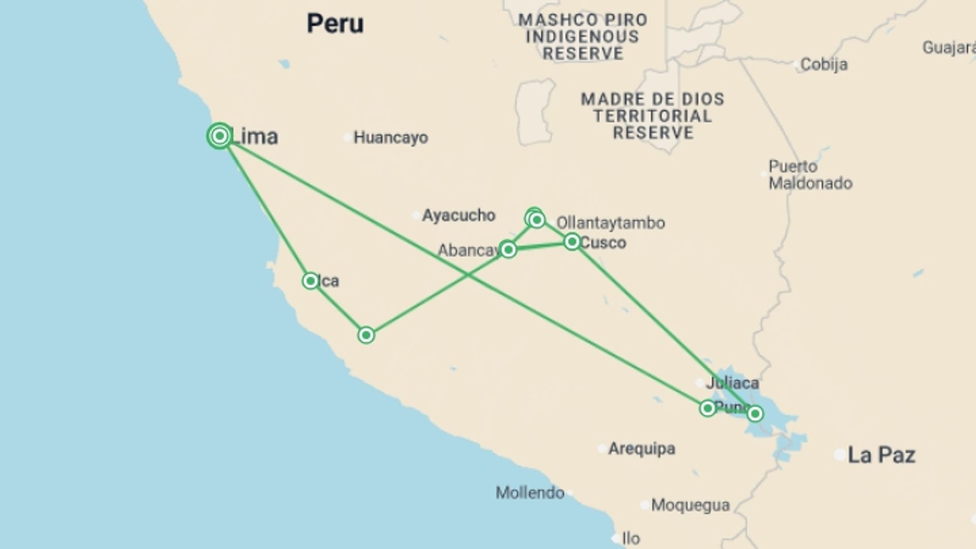A map showing the tour itinerary for the trip: Inca Trail, Titicaca & Nazca, starting in Lima, Peru and ending in Lima, Peru going through 9 other destinations.