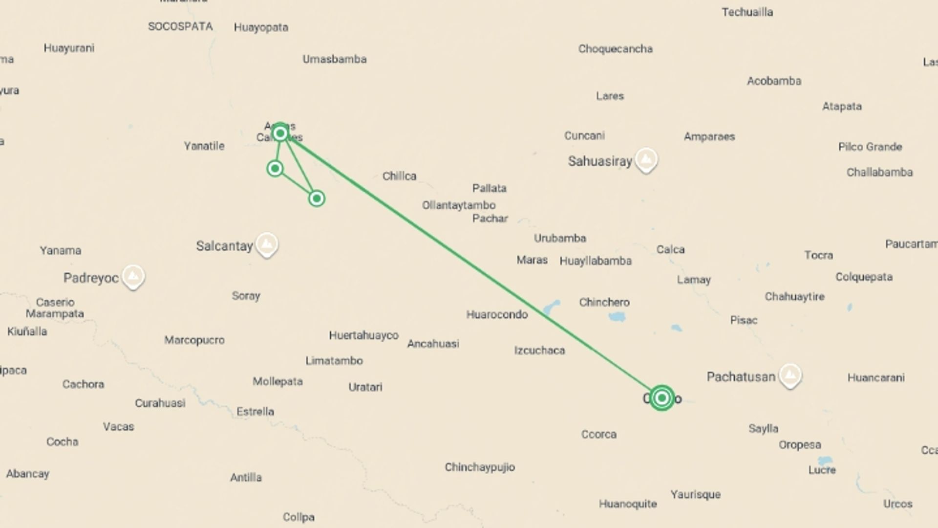 A map showing the tour itinerary for the trip: Inca Trail Trek, starting in Cusco, Peru and ending in Cusco, Peru going through 3 other destinations.