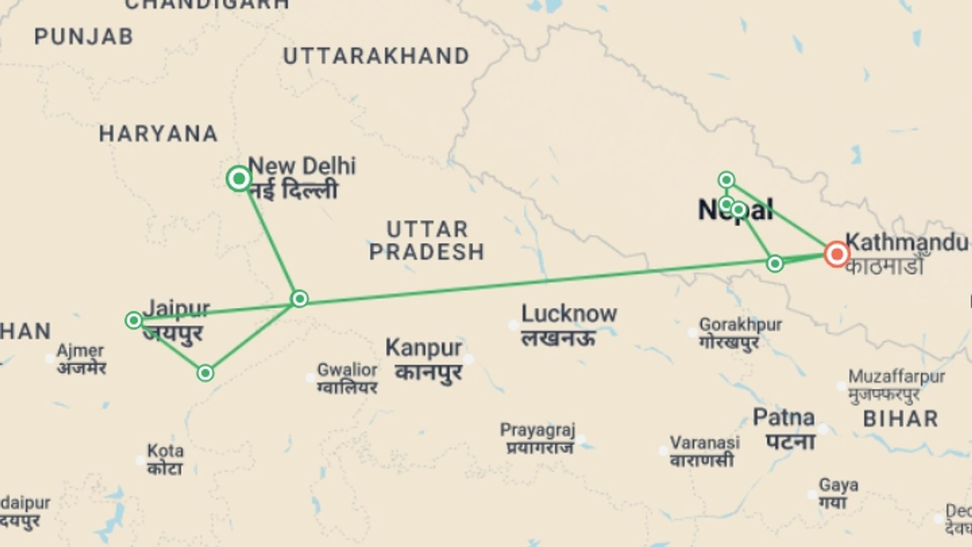 A map showing the tour itinerary for the trip: India & Nepal: Golden Triangle and the Himalayas, starting in New Delhi, India and ending in Kathmandu, Nepal going through 7 other destinations.