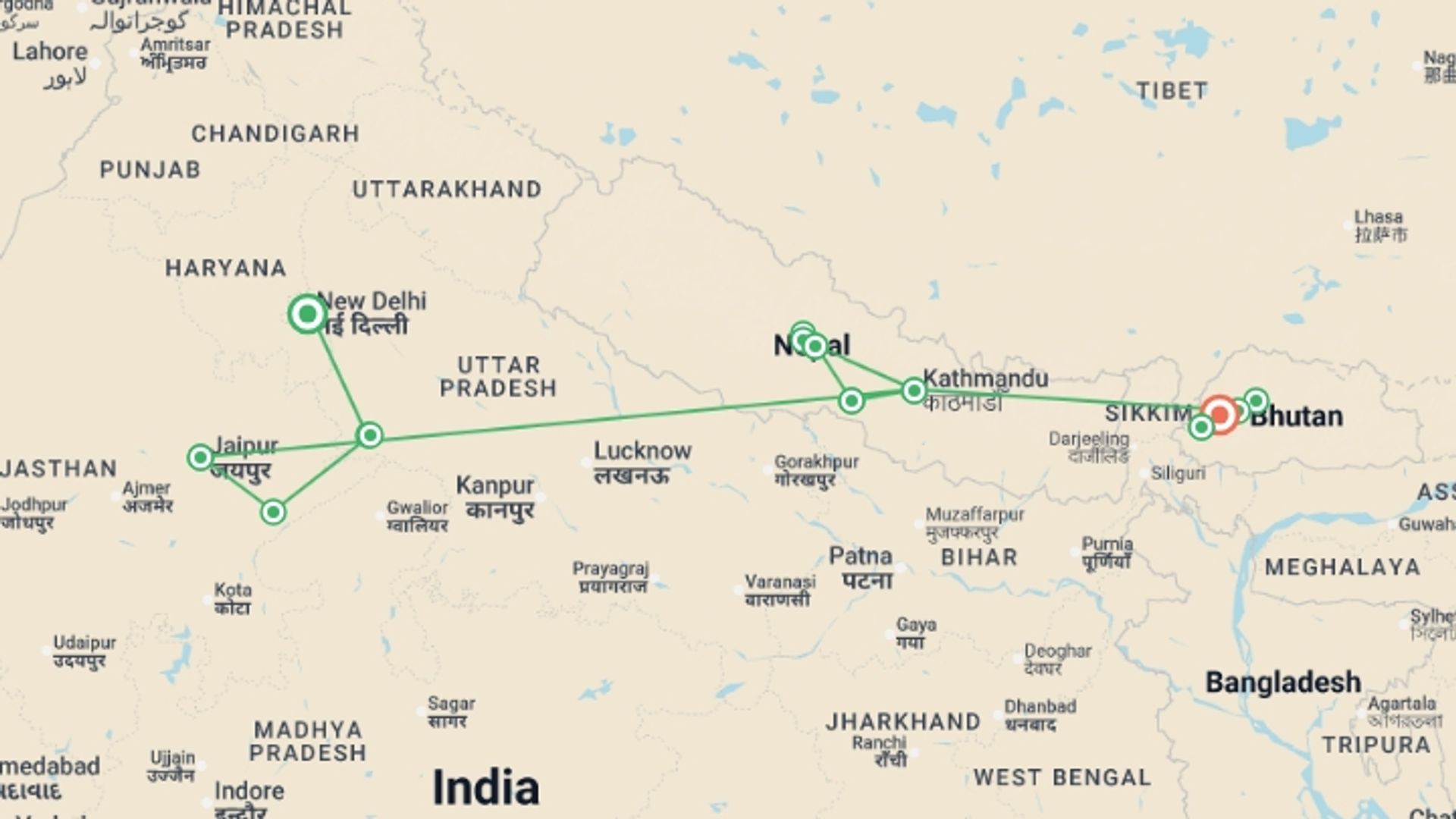 A map showing the tour itinerary for the trip: India, Nepal & Bhutan: Taj Mahal to Tiger's Nest, starting in New Delhi, India and ending in Paro, Bhutan going through 9 other destinations.
