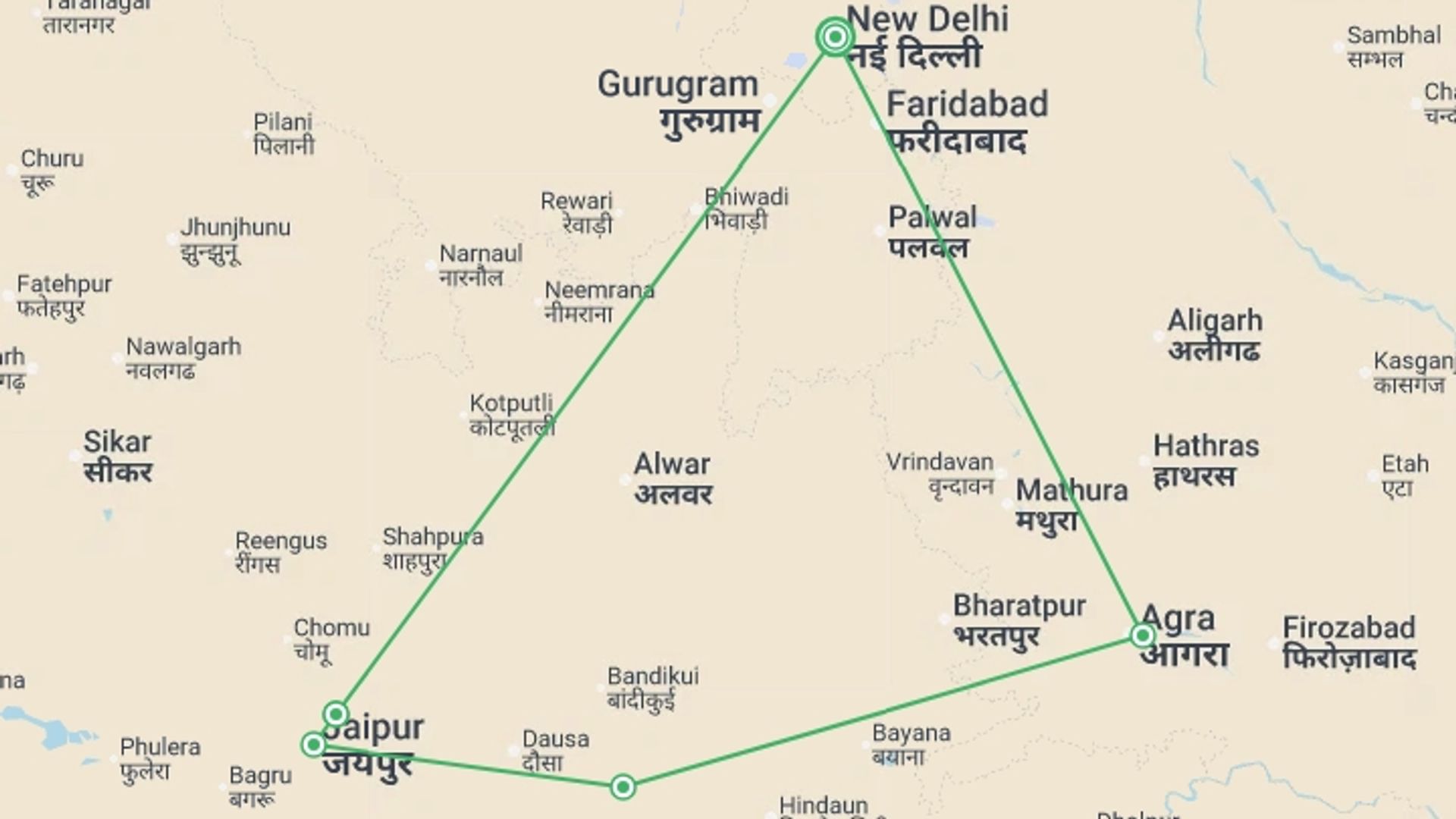 A map showing the tour itinerary for the trip: India's Golden Triangle, starting in New Delhi, India and ending in New Delhi, India going through 3 other destinations.