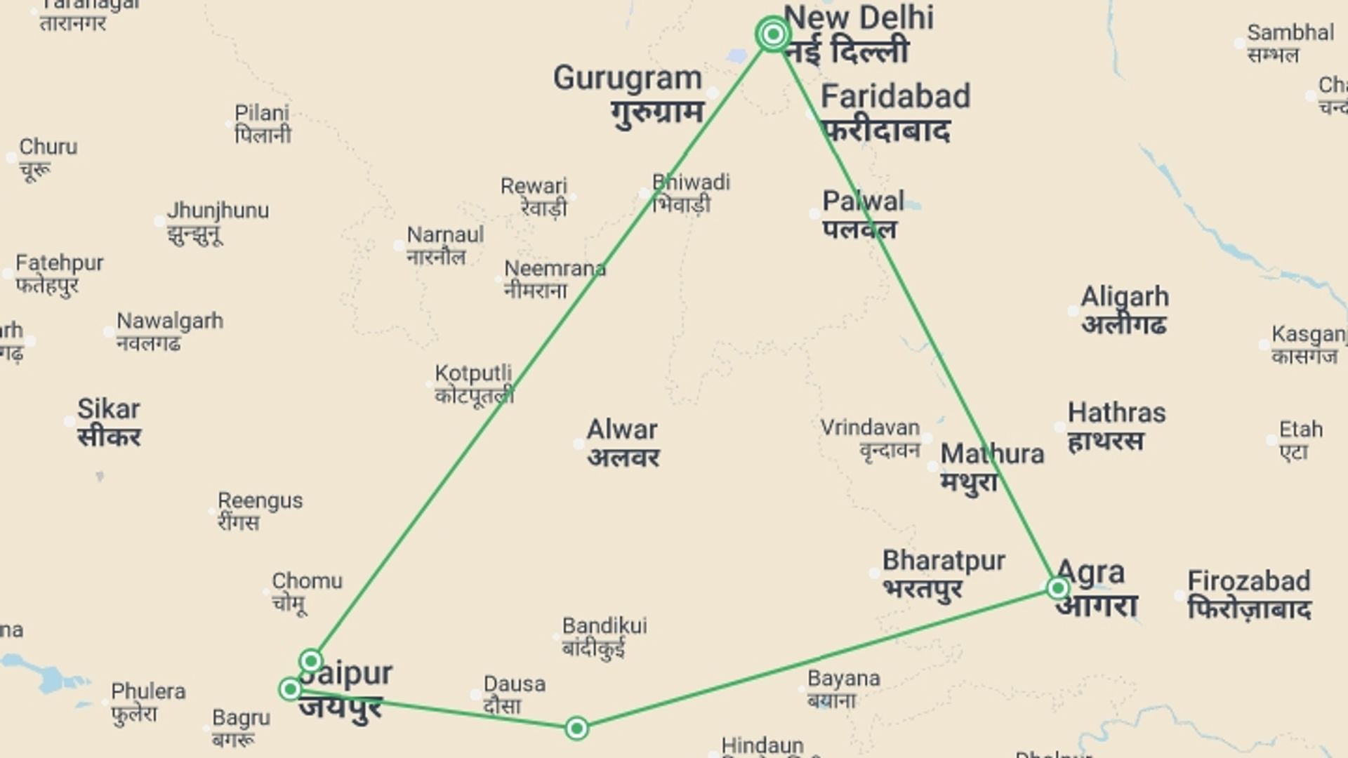 A map showing the tour itinerary for the trip: India's Golden Triangle, starting in New Delhi, India and ending in New Delhi, India going through 3 other destinations.
