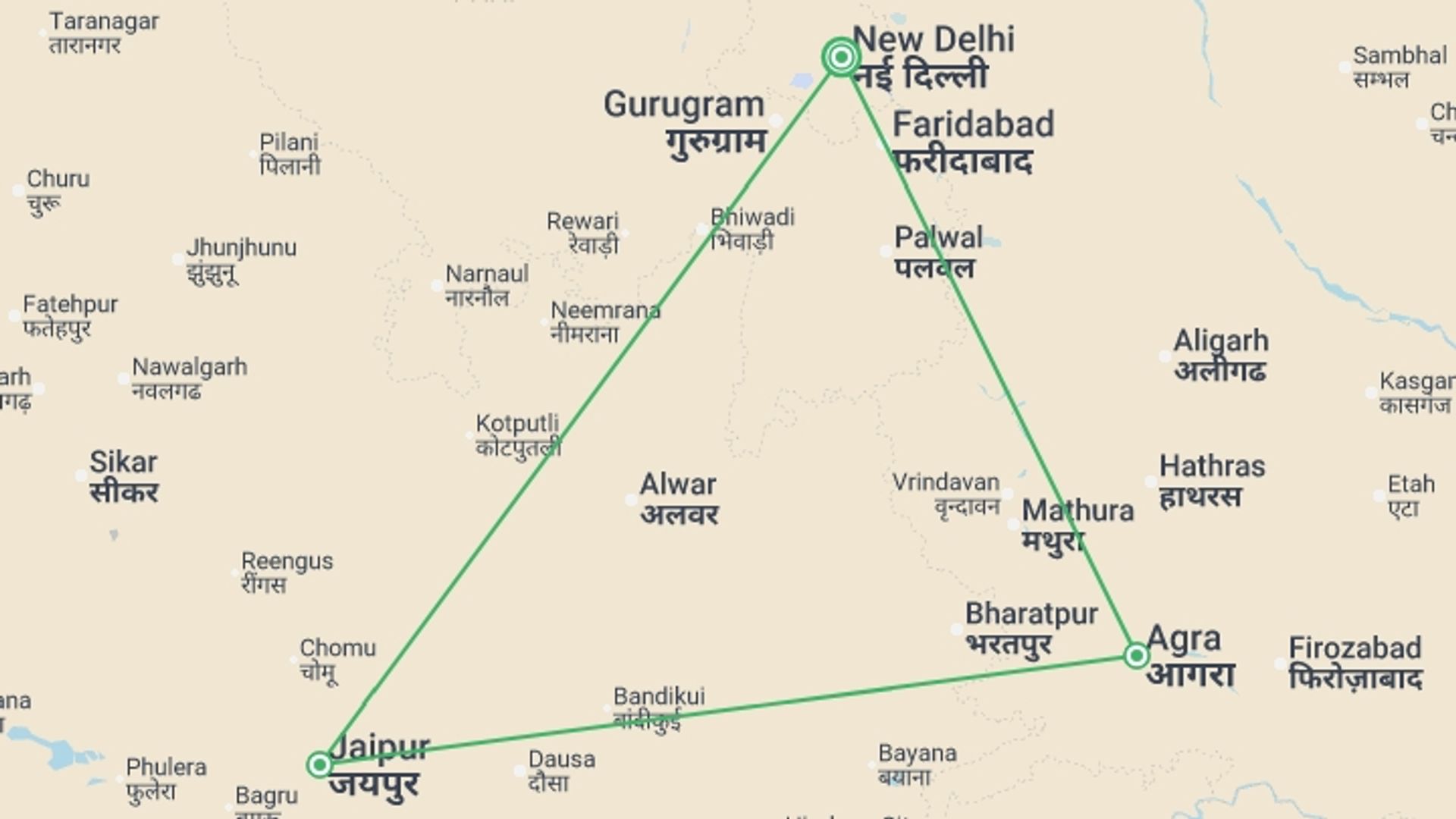 A map showing the tour itinerary for the trip: India's Golden Triangle, starting in New Delhi, India and ending in New Delhi, India going through 3 other destinations.