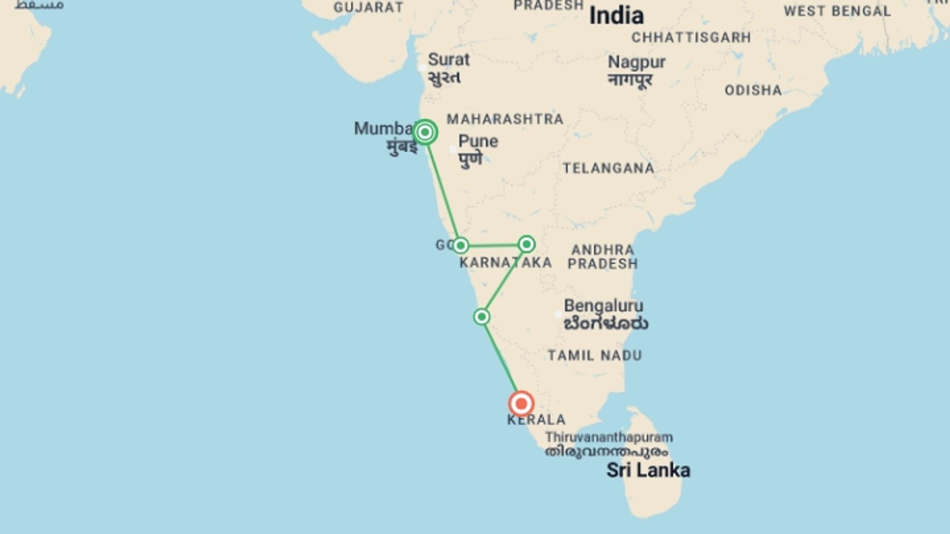 A map showing the tour itinerary for the trip: India's West Coast – North to South, starting in Mumbai, India and ending in Kerala & Tamil Nadu, India going through 3 other destinations.
