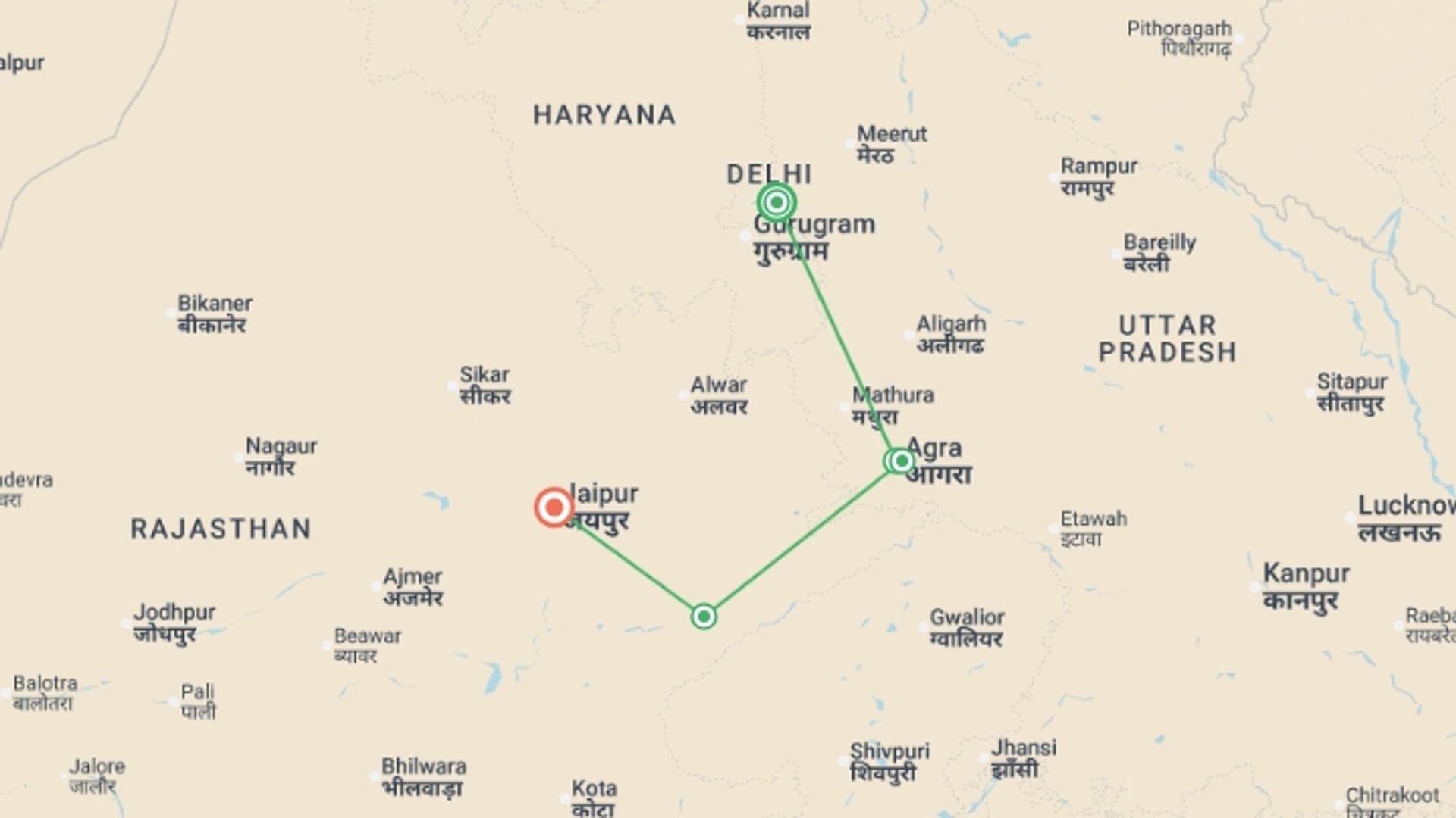 A map showing the tour itinerary for the trip: India: The Golden Triangle & Rural Rajasthan, starting in New Delhi, India and ending in Jaipur, India going through 4 other destinations.
