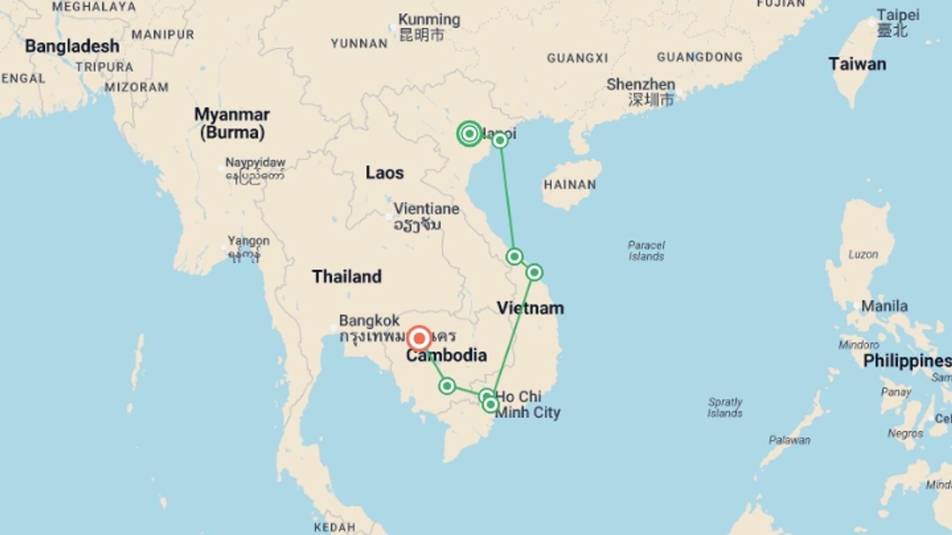 A map showing the tour itinerary for the trip: Inside Vietnam + Cambodia Highlights, starting in Hanoi, Vietnam and ending in Siem Reap, Cambodia going through 6 other destinations.