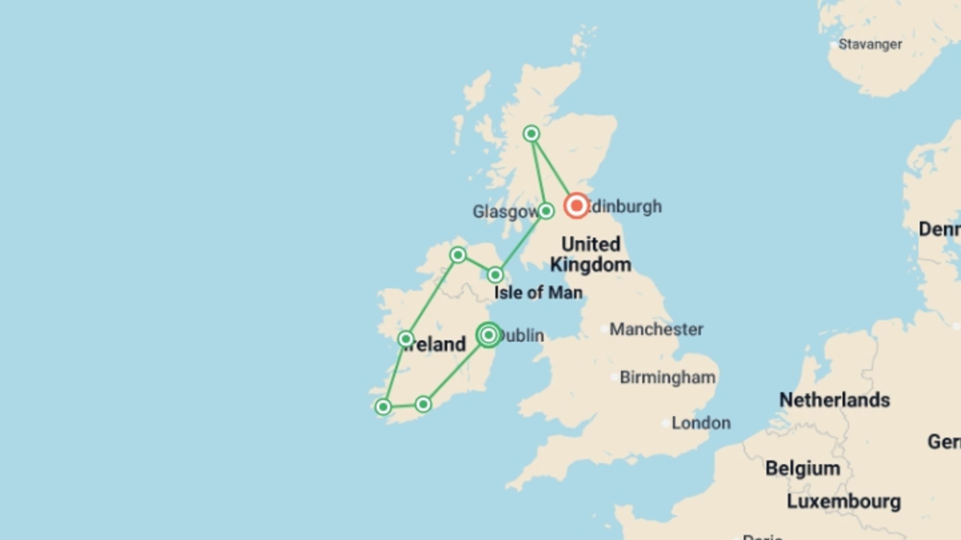 A map showing the tour itinerary for the trip: Ireland and Scotland Adventure, starting in Dublin, Ireland and ending in Edinburgh, Scotland going through 6 other destinations.
