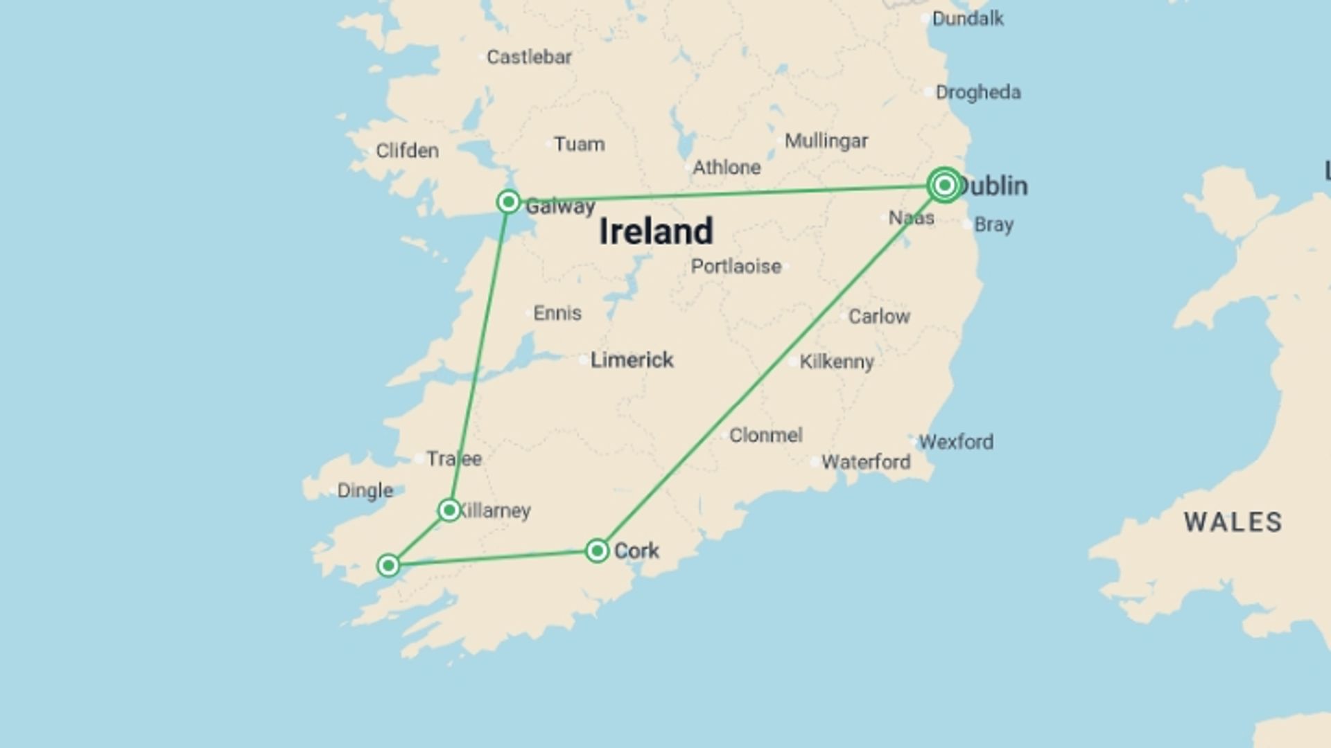 A map showing the tour itinerary for the trip: Ireland at Leisure, starting in Dublin, Ireland and ending in Dublin, Ireland going through 4 other destinations.