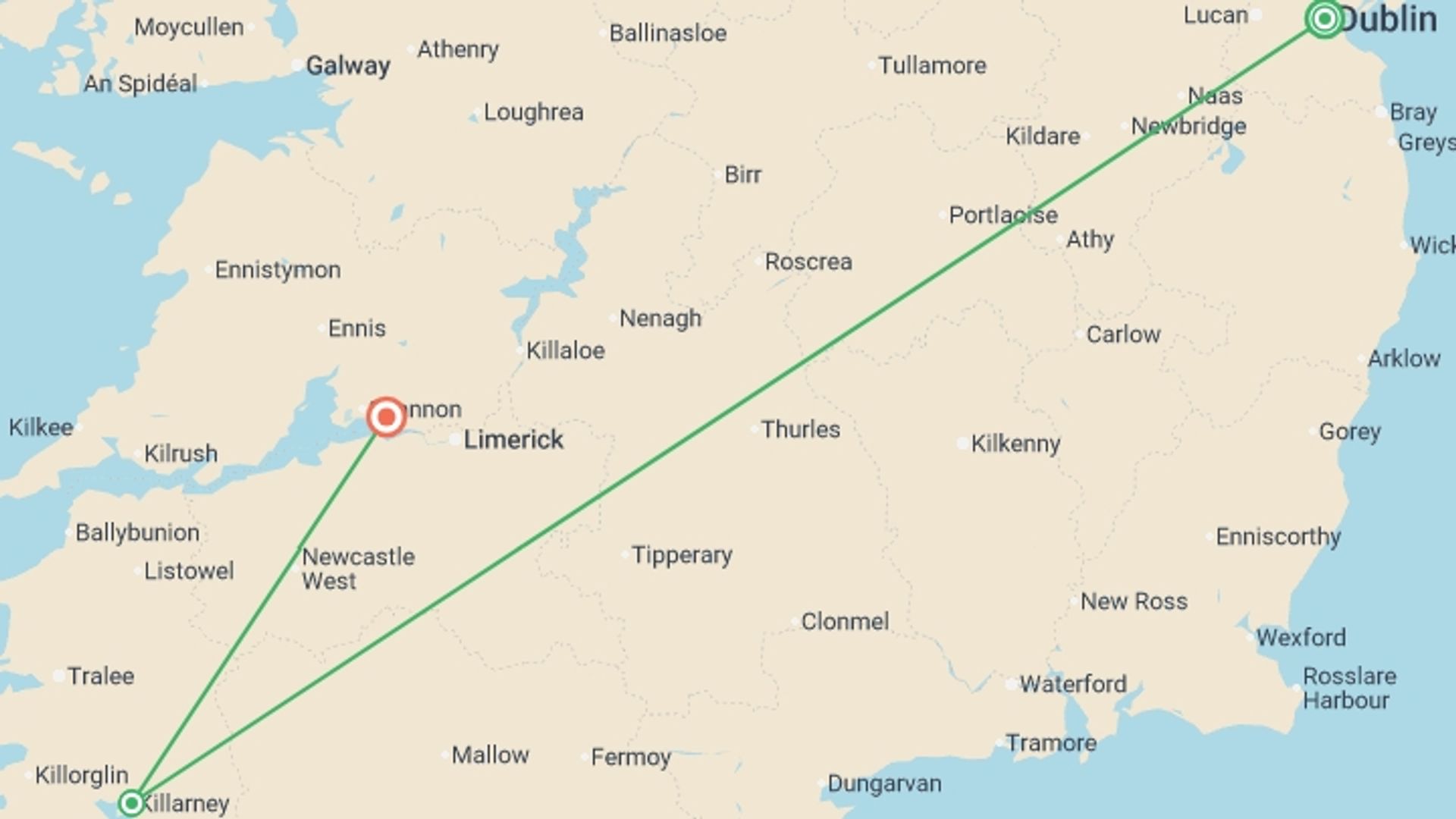 A map showing the tour itinerary for the trip: Ireland Family Journey: Dublin to the Wild West Coast, starting in Dublin, Ireland and ending in Ireland going through 2 other destinations.
