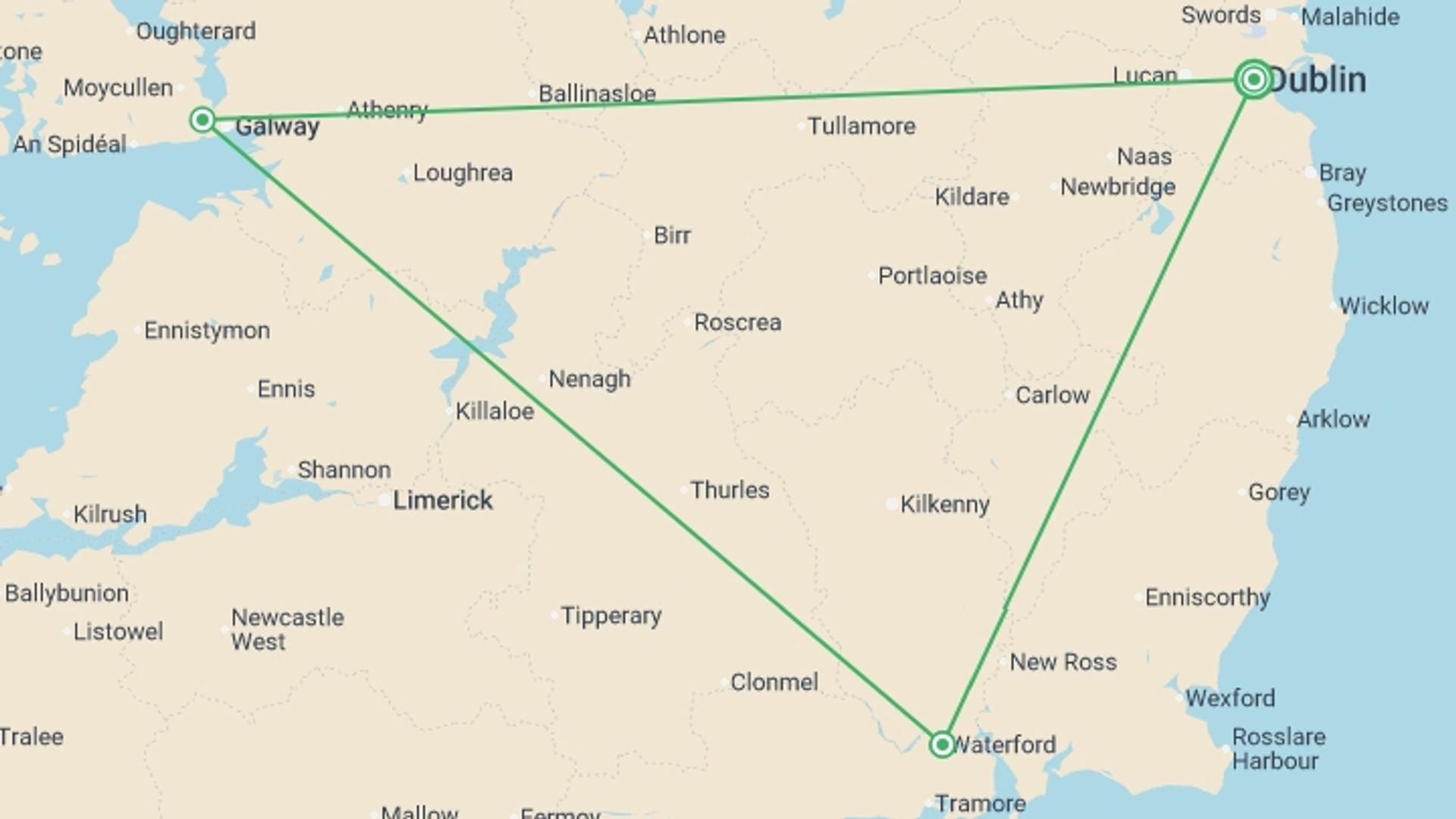 A map showing the tour itinerary for the trip: Ireland in Low Season, starting in Dublin, Ireland and ending in Dublin, Ireland going through 2 other destinations.