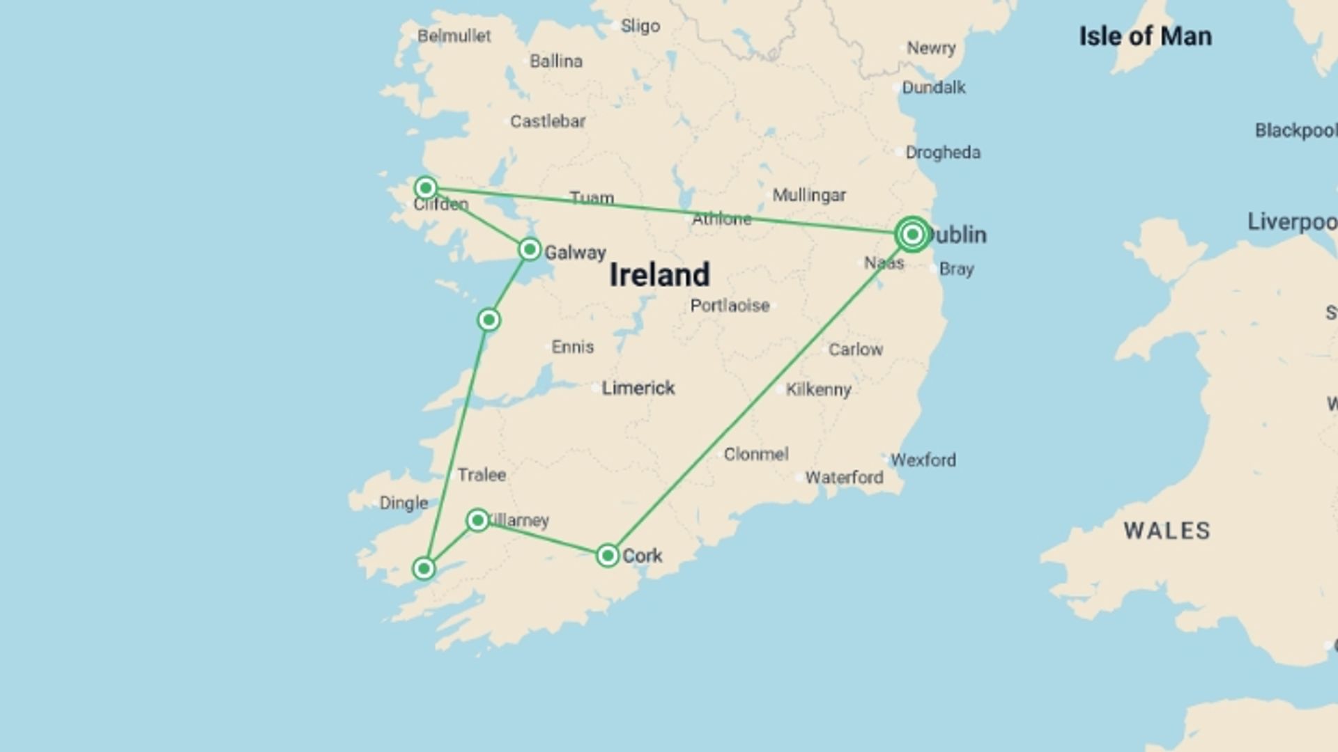 A map showing the tour itinerary for the trip: Ireland's Icons, starting in Dublin, Ireland and ending in Dublin, Ireland going through 4 other destinations.