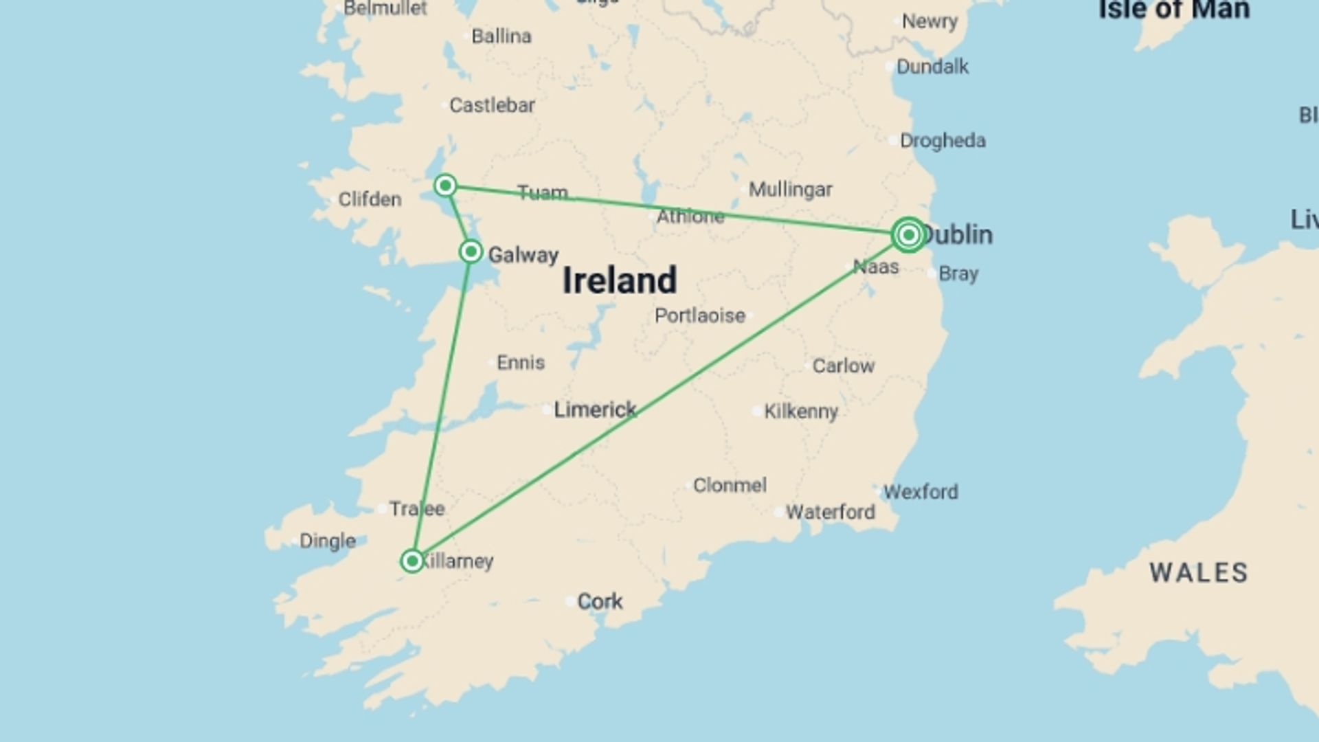 A map showing the tour itinerary for the trip: Irish Elegance, starting in Dublin, Ireland and ending in Dublin, Ireland going through 3 other destinations.