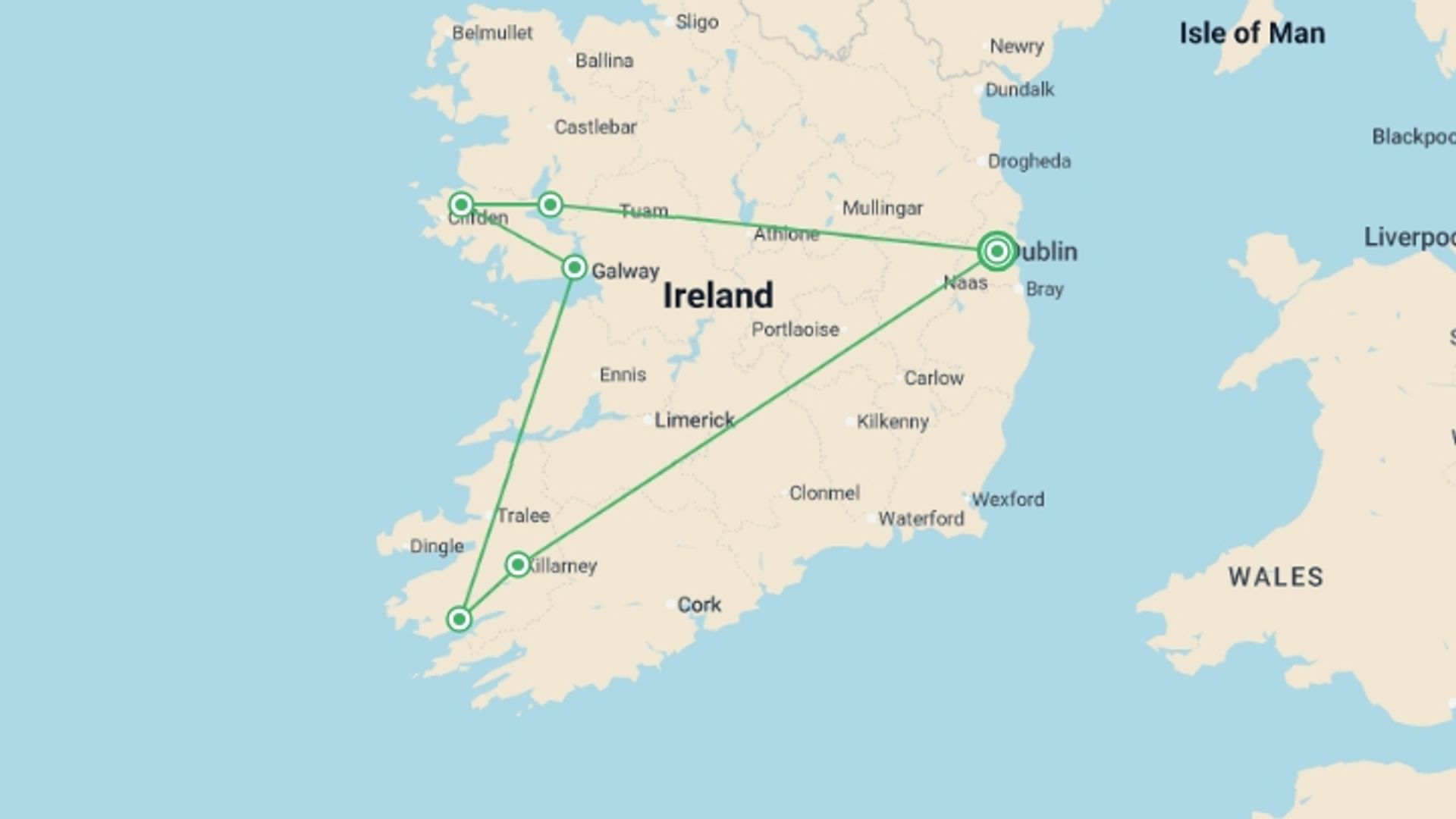 A map showing the tour itinerary for the trip: Irish Elegance, starting in Dublin, Ireland and ending in Dublin, Ireland going through 3 other destinations.
