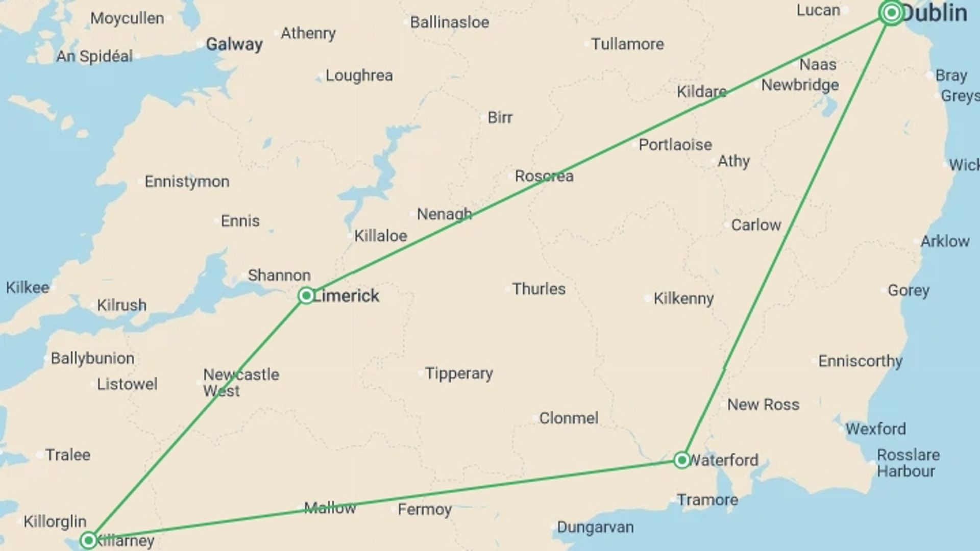 A map showing the tour itinerary for the trip: Irish Highlights, starting in Dublin, Ireland and ending in Dublin, Ireland going through 2 other destinations.