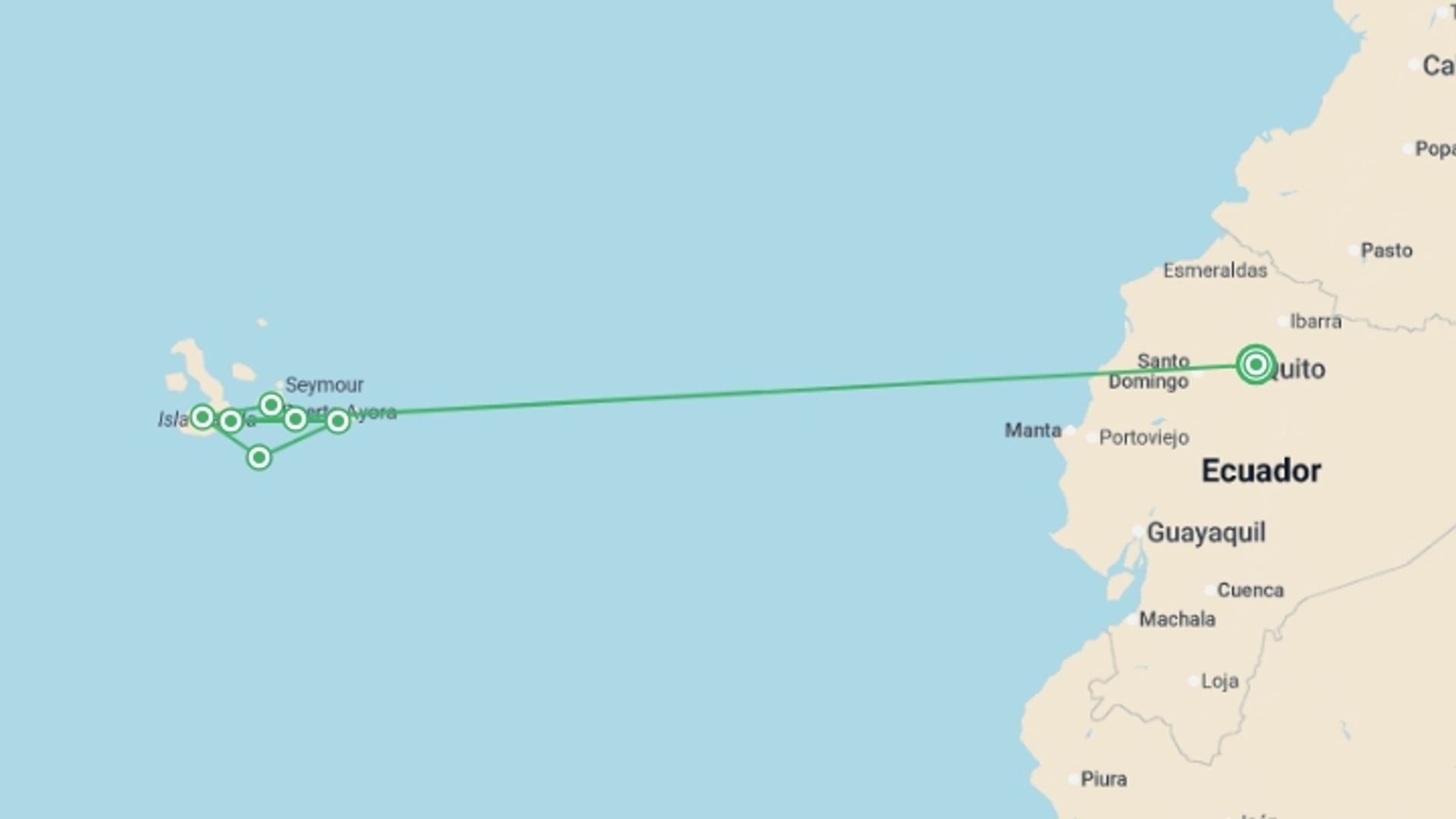 A map showing the tour itinerary for the trip: Island Hopping in the Galapagos, starting in Quito, Ecuador and ending in Quito, Ecuador going through 4 other destinations.