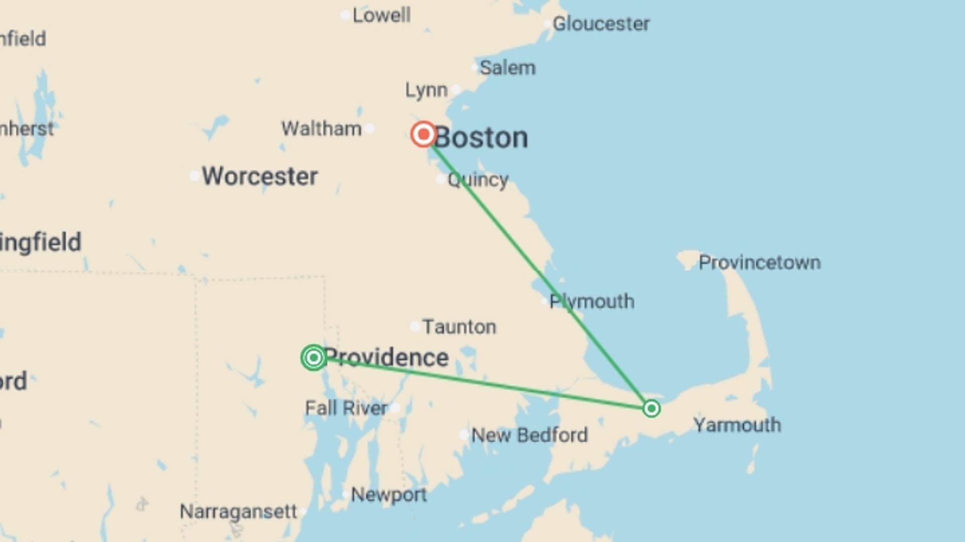 A map showing the tour itinerary for the trip: Islands of New England, starting in USA and ending in Boston, USA going through 2 other destinations.