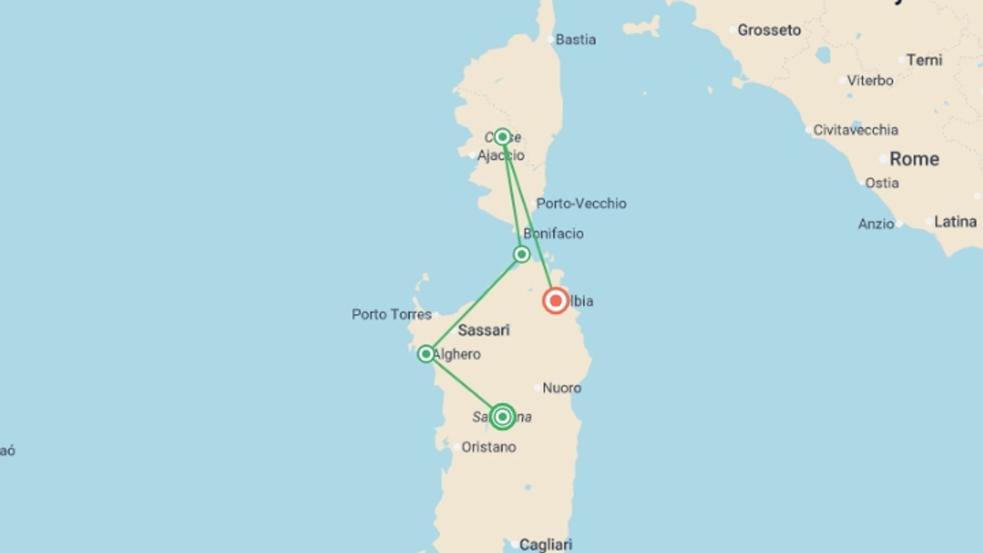 A map showing the tour itinerary for the trip: Islands of Sardinia and Corsica - Small Group, starting in Cagliari, Italy and ending in Olbia, Italy going through 5 other destinations.