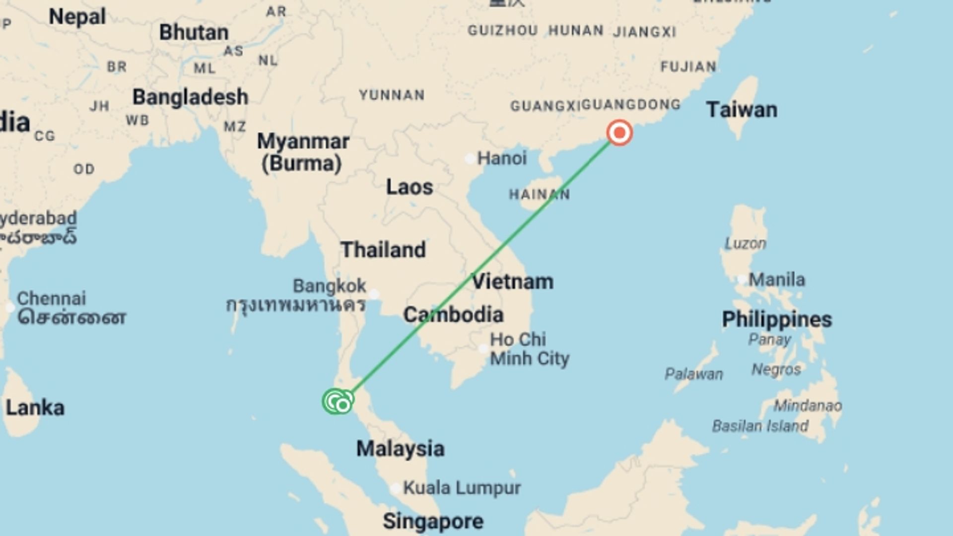 A map showing the tour itinerary for the trip: Islands Of Thailand And Hong Kong, starting in Phuket, Thailand and ending in Hong Kong, Hong Kong going through 4 other destinations.