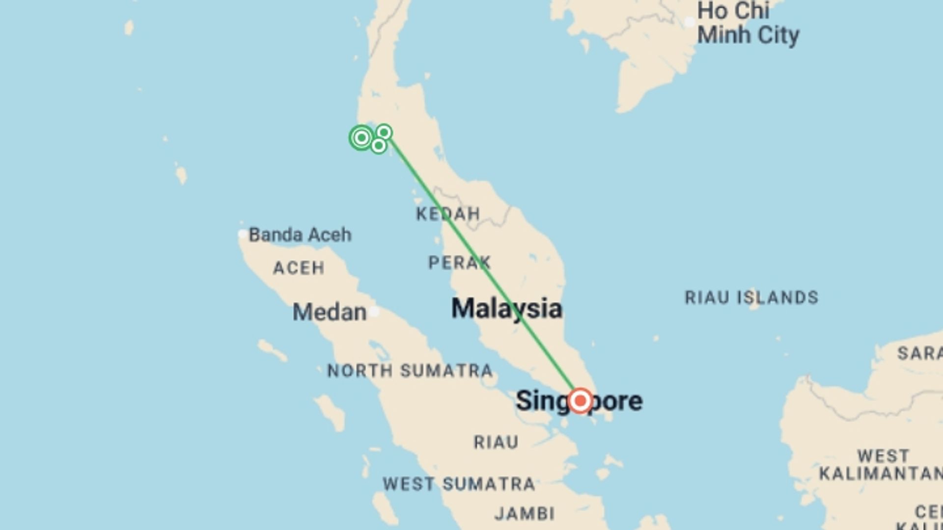 A map showing the tour itinerary for the trip: Islands Of Thailand And Singapore, starting in Phuket, Thailand and ending in Singapore, Singapore going through 4 other destinations.