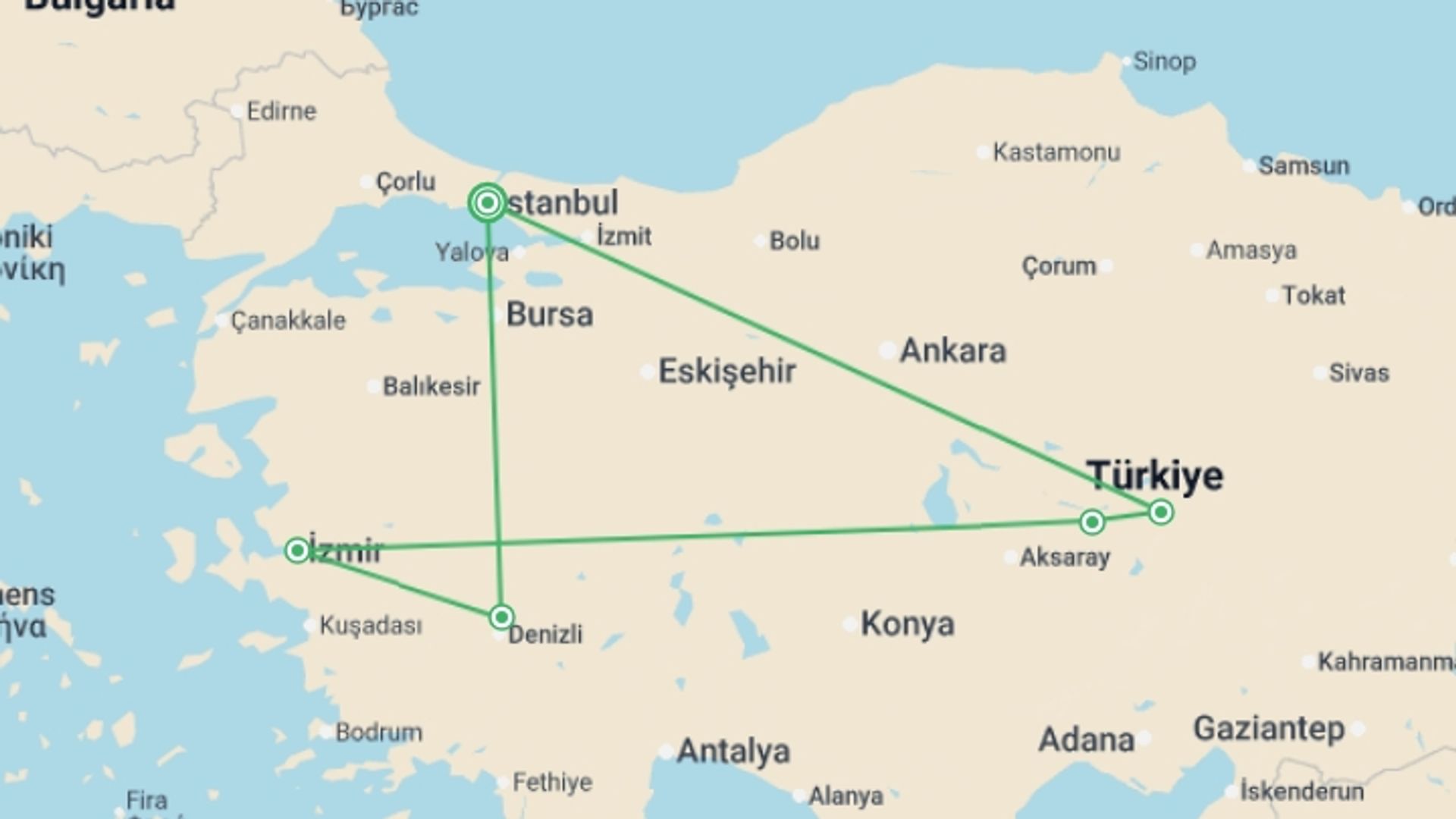 A map showing the tour itinerary for the trip: Istanbul, Cappadocia, Pamukkale, Ephesus 7 Day Package, starting in Istanbul, Turkey and ending in Istanbul, Turkey going through 6 other destinations.