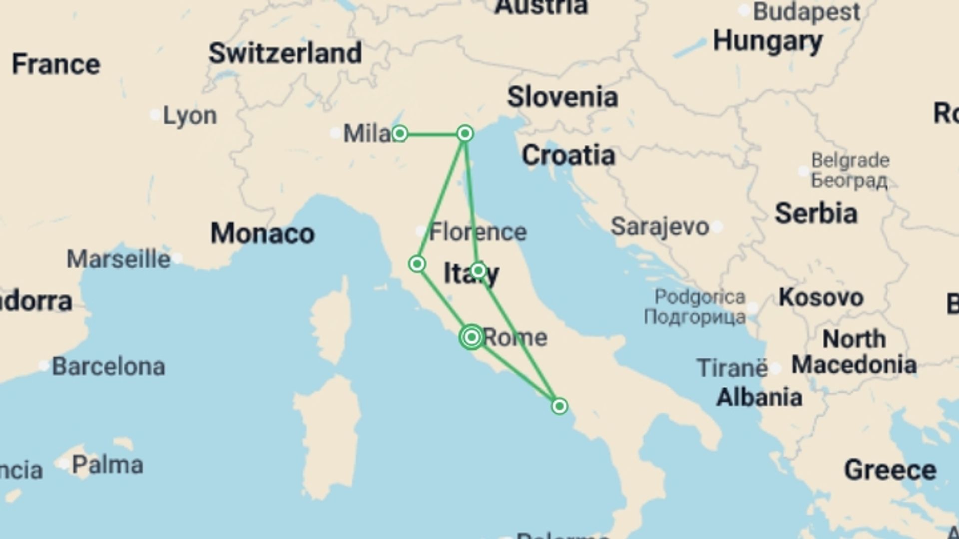 A map showing the tour itinerary for the trip: Italian Delights, starting in Rome, Italy and ending in Rome, Italy going through 7 other destinations.
